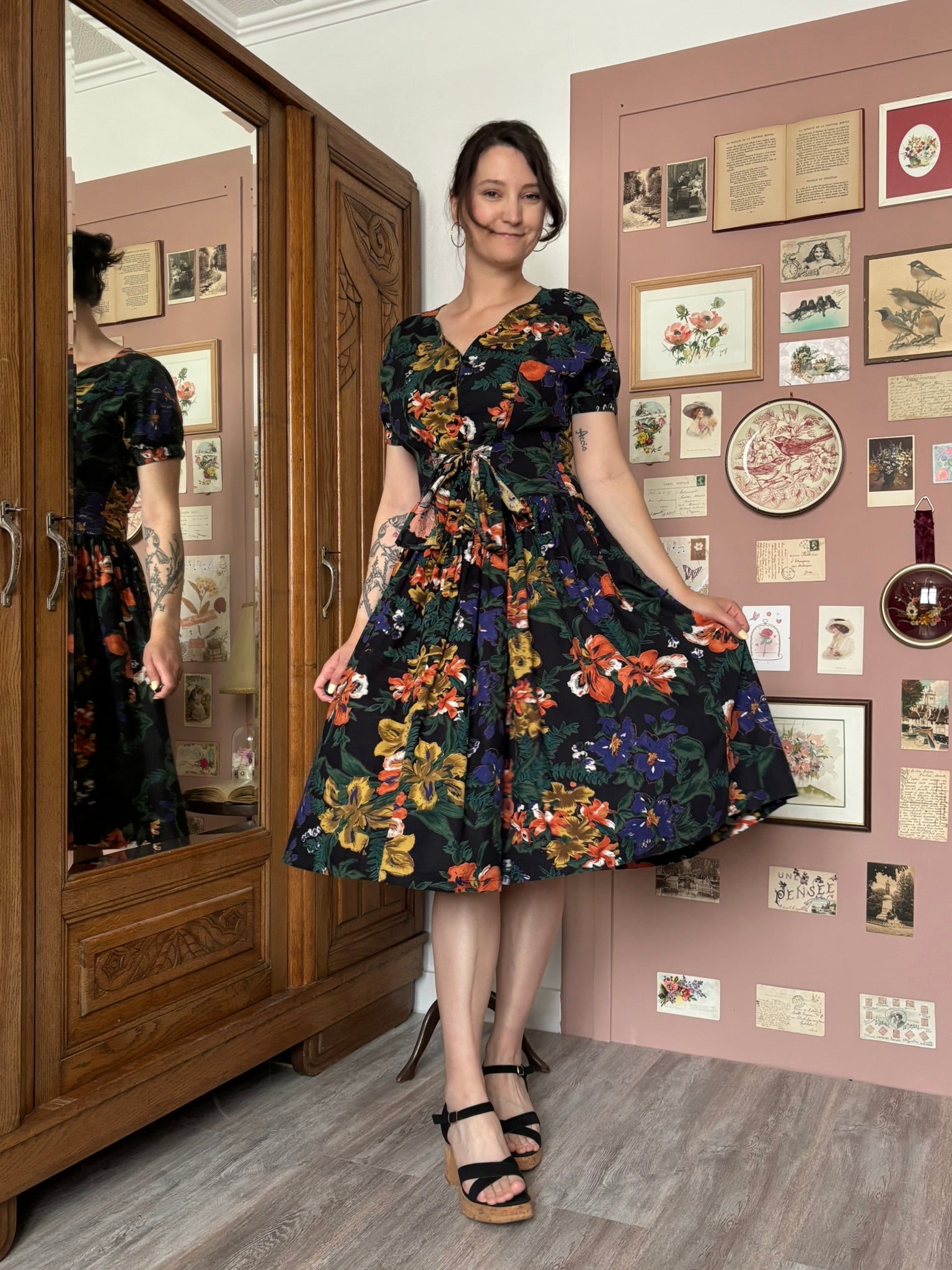 Robe midi patineuse fleurie René Derhy – T.38/40 – Vintage années 90