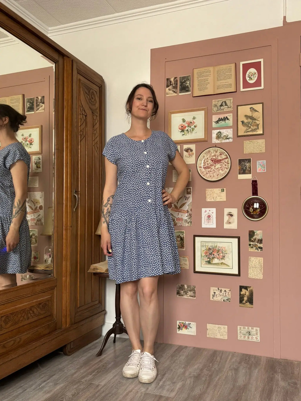 Robe à pois bleue et blanche – Cousue main –T.38/40 -  Vintage années 80/90