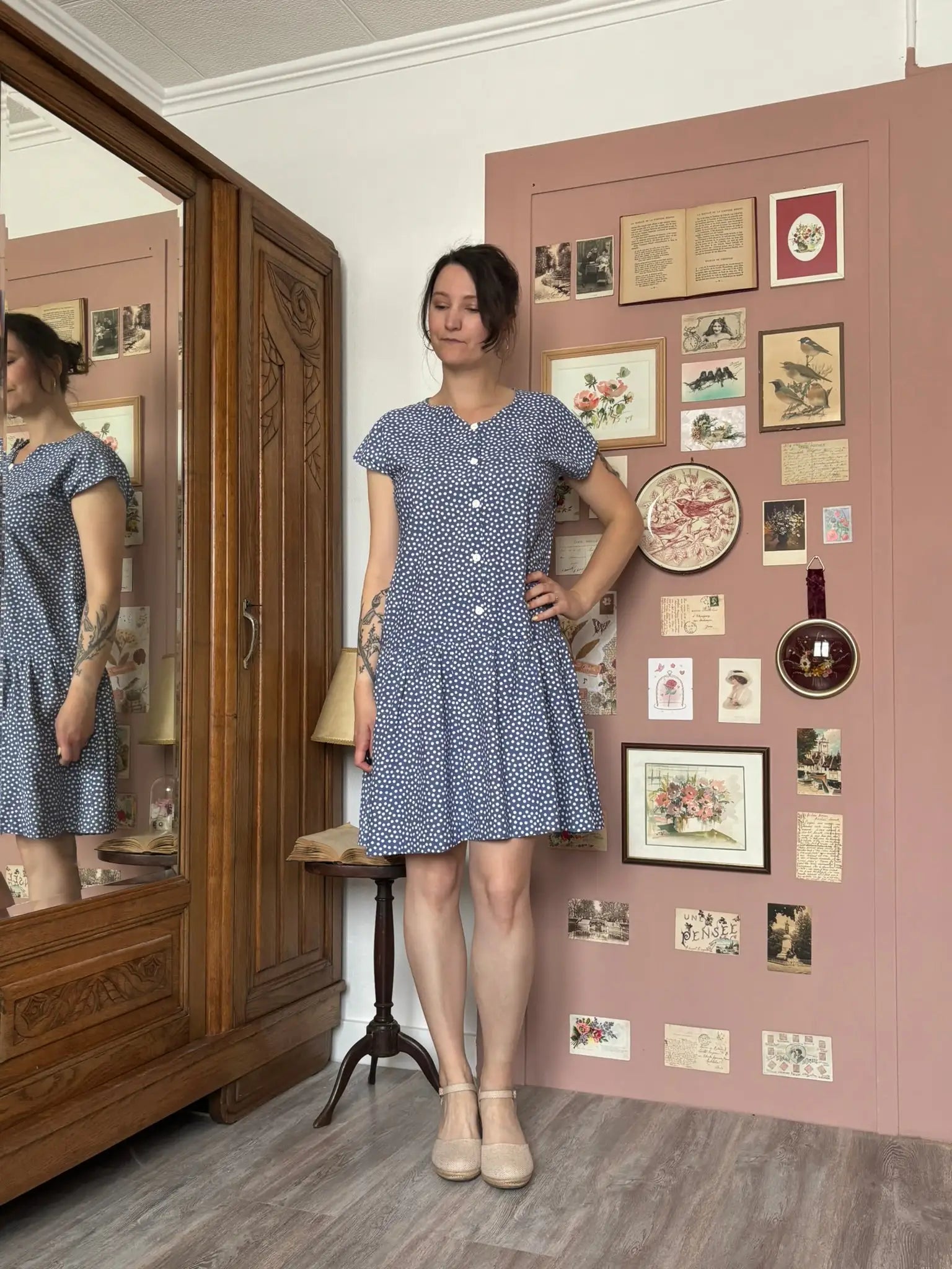 Robe à pois bleue et blanche – Cousue main –T.38/40 -  Vintage années 80/90