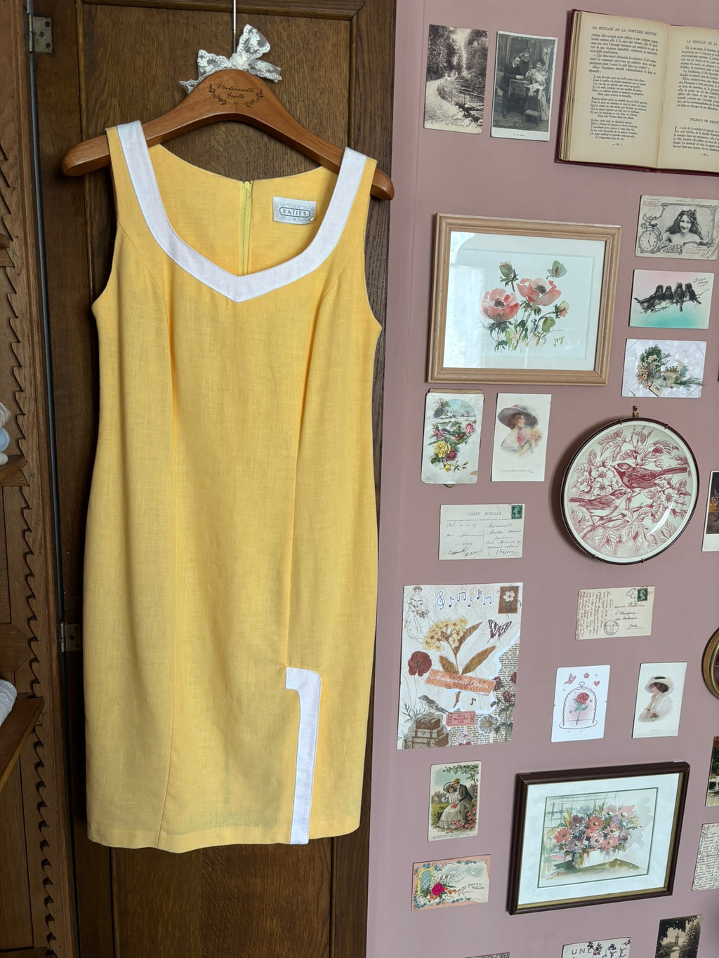 Robe droite jaune en lin – Katies – T.34 – Vintage années 80