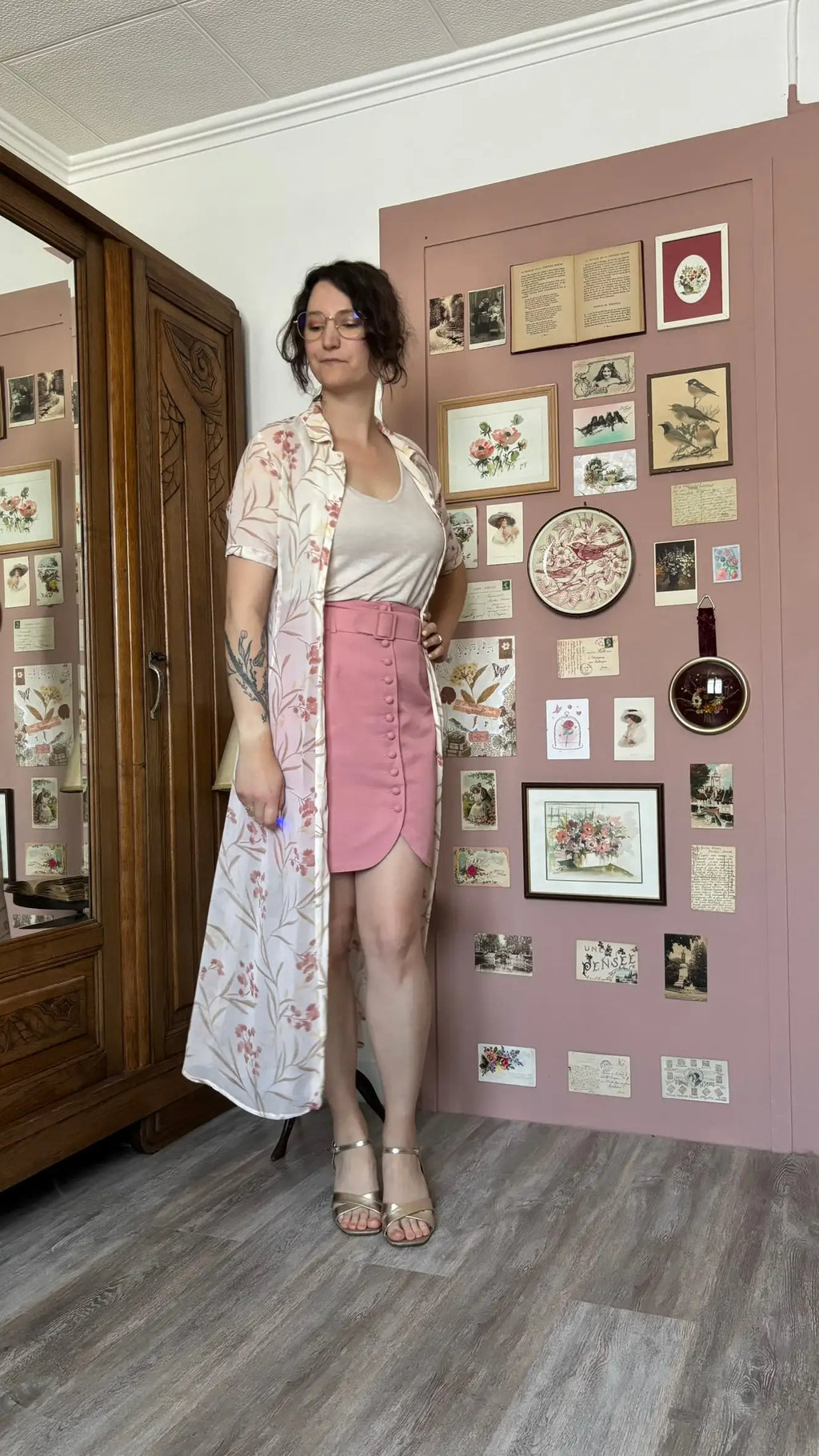 Jupe taille haute vieux rose à ceinture – T.36/Petit 38 – Vintage années 90