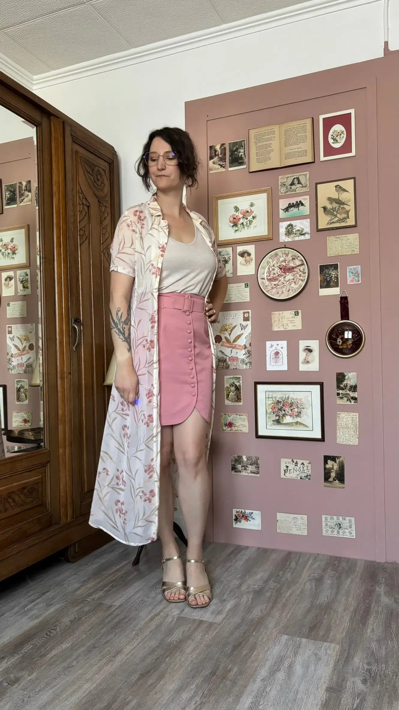 Jupe taille haute vieux rose à ceinture – T.36/Petit 38 – Vintage années 90
