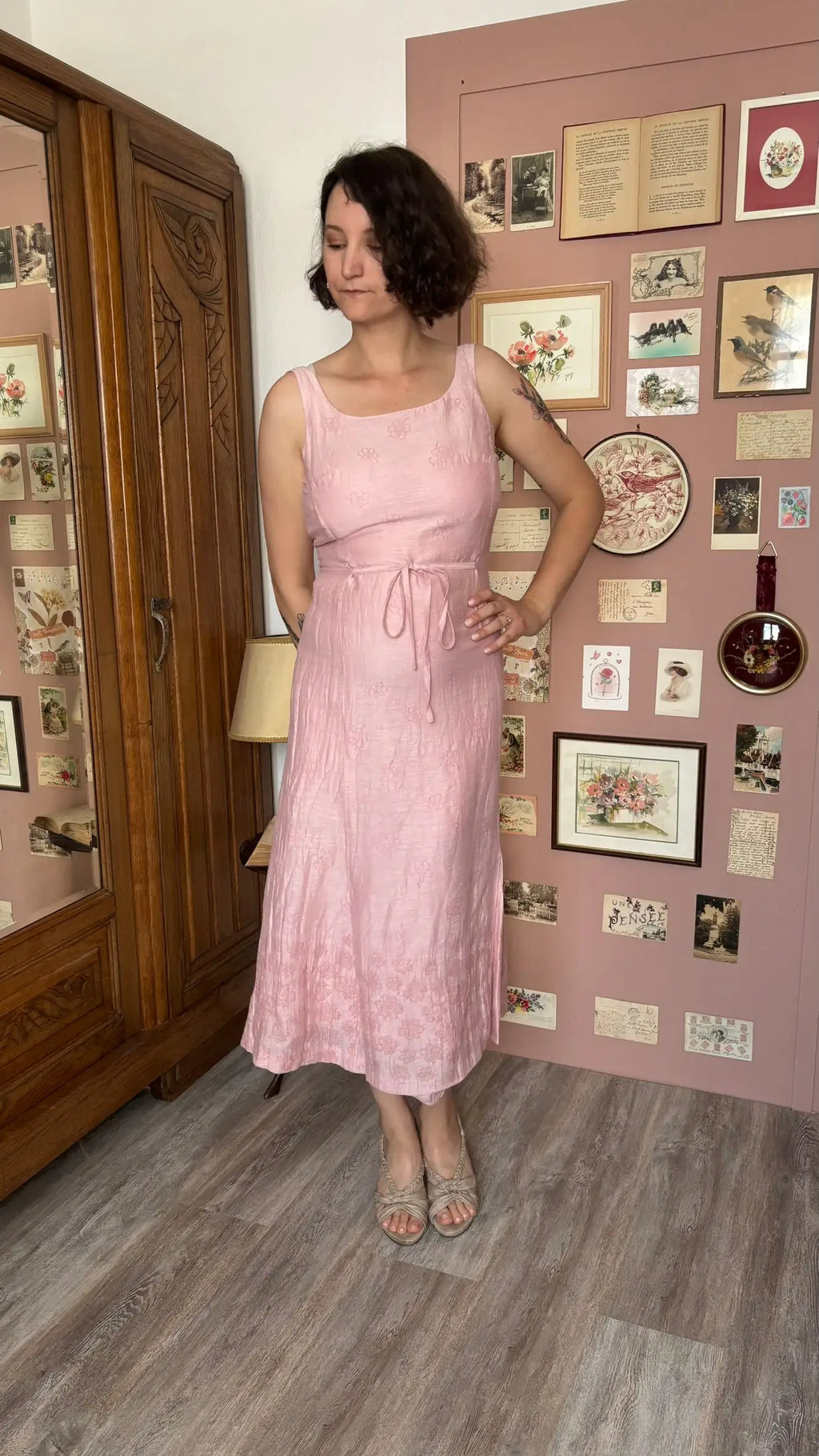 Robe longue rose poudré brodée – Antonelle –T.34/36-  Vintage années 90/2000