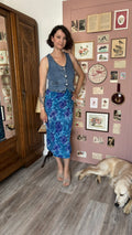 Blue watercolor wrap midi skirt – Sizes 36 to 44 – 90s Vintage