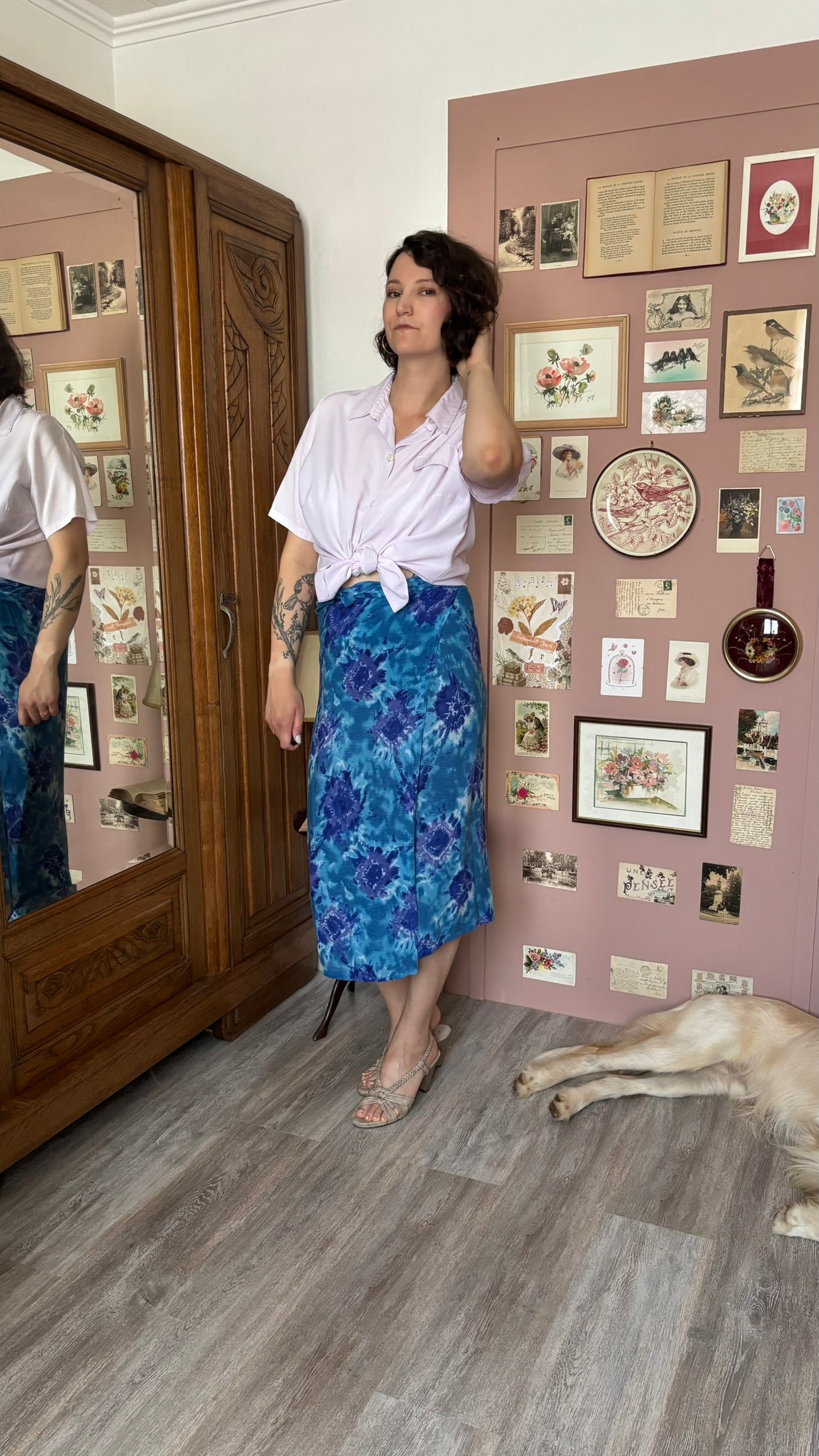 Blue watercolor wrap midi skirt – Sizes 36 to 44 – 90s Vintage