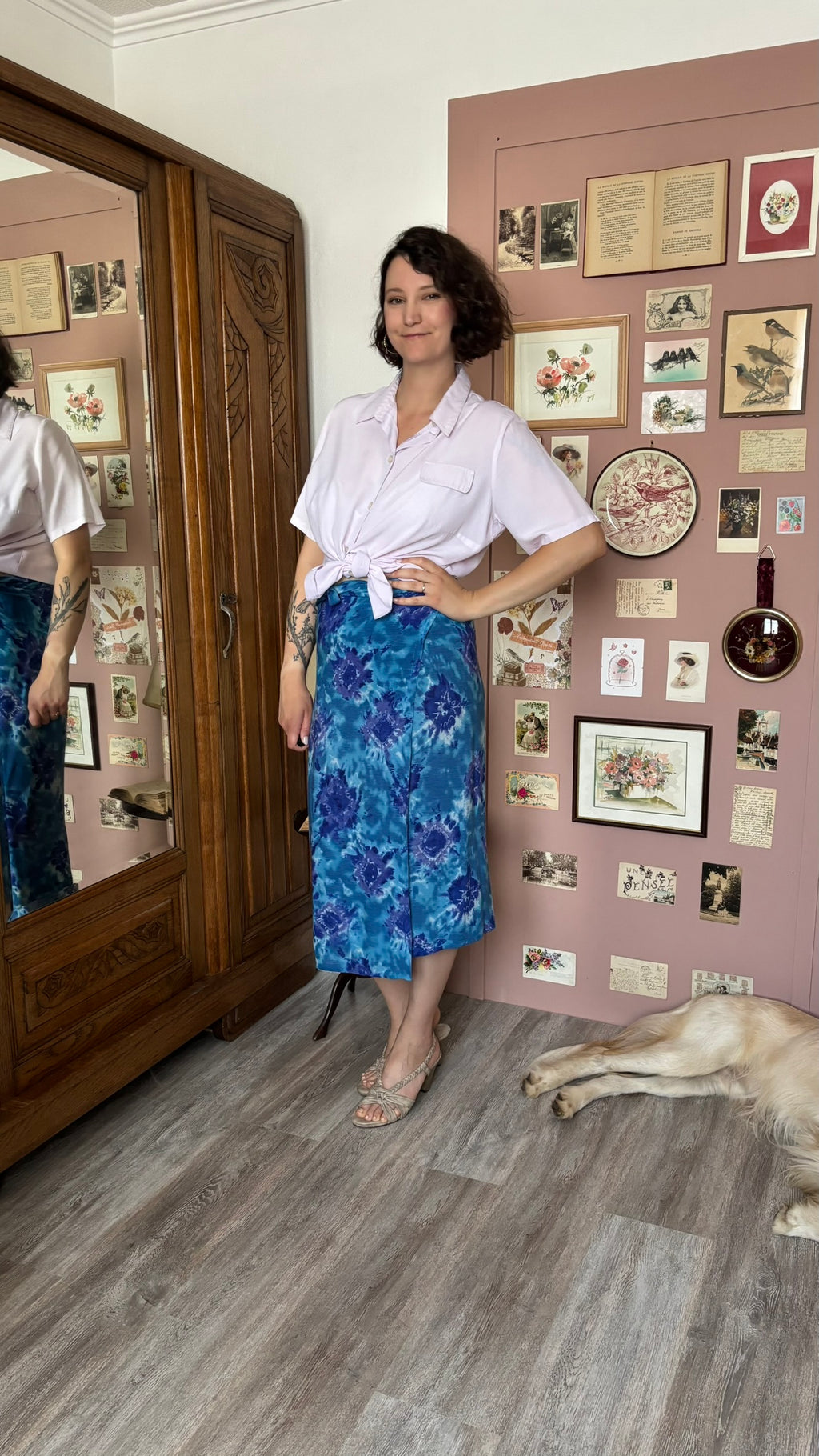 Blue watercolor wrap midi skirt – Sizes 36 to 44 – 90s Vintage