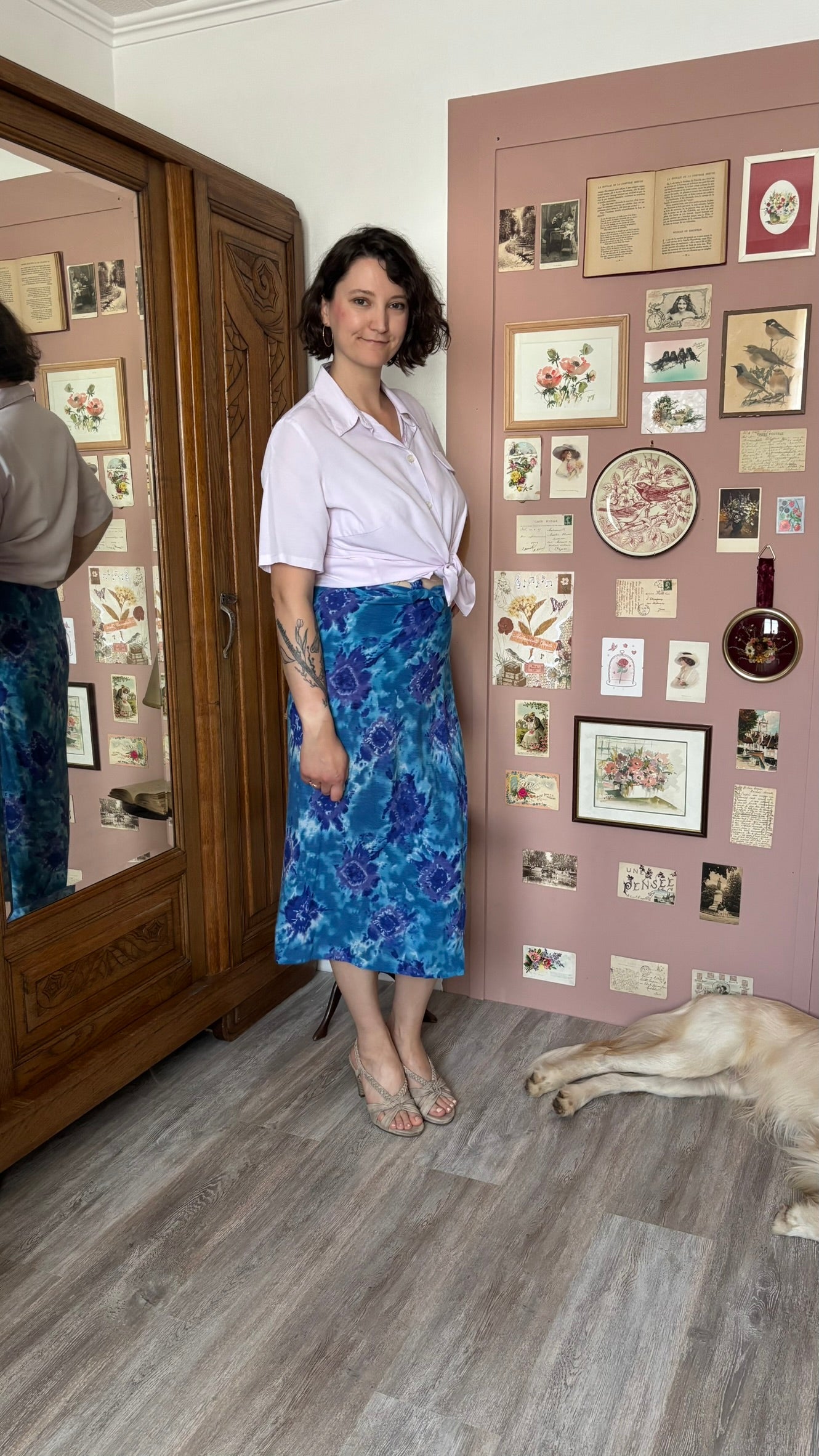 Blue watercolor wrap midi skirt – Sizes 36 to 44 – 90s Vintage