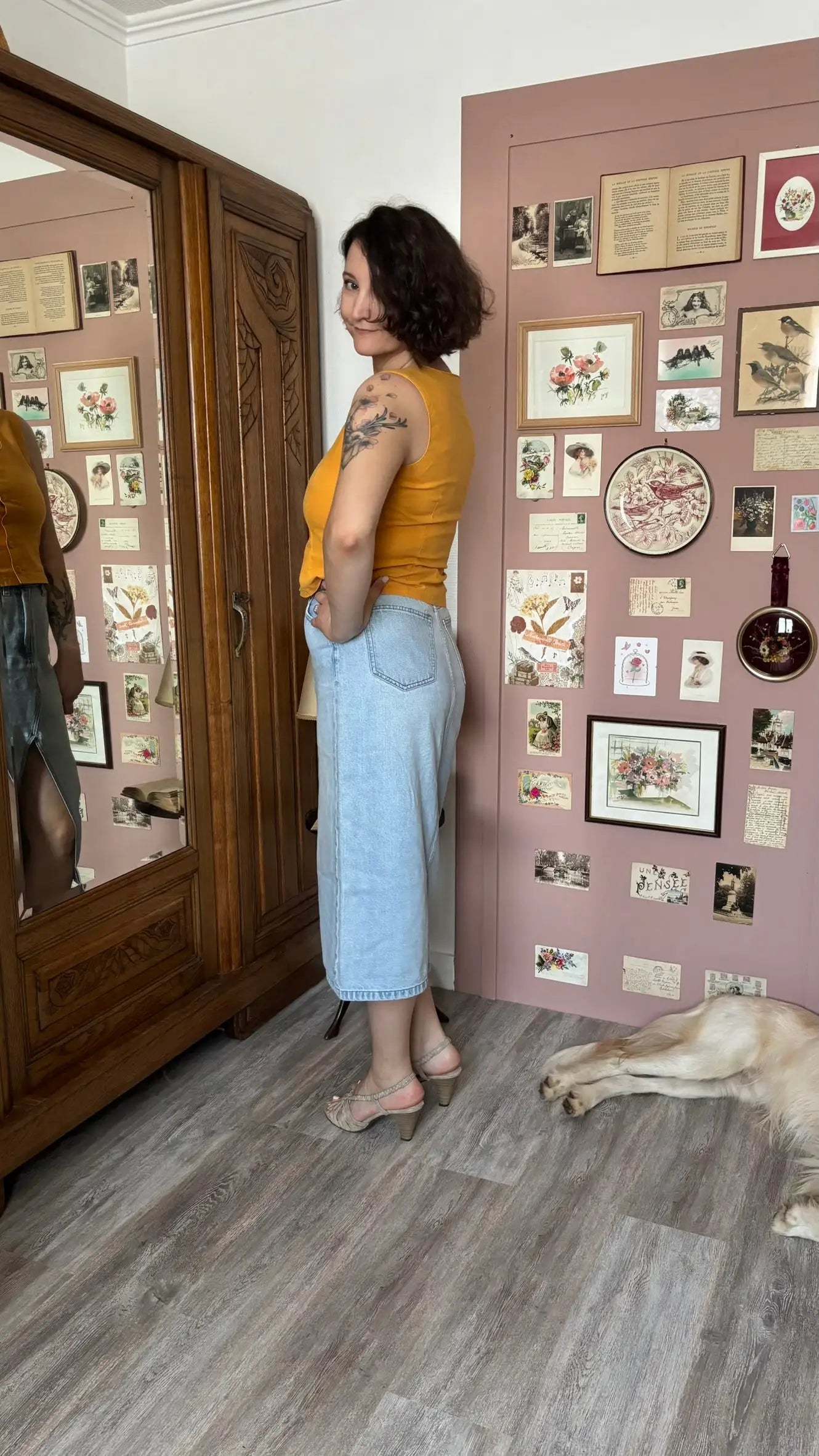 Top boutonné safran en lin et coton - T.36/38- Vintage années 90