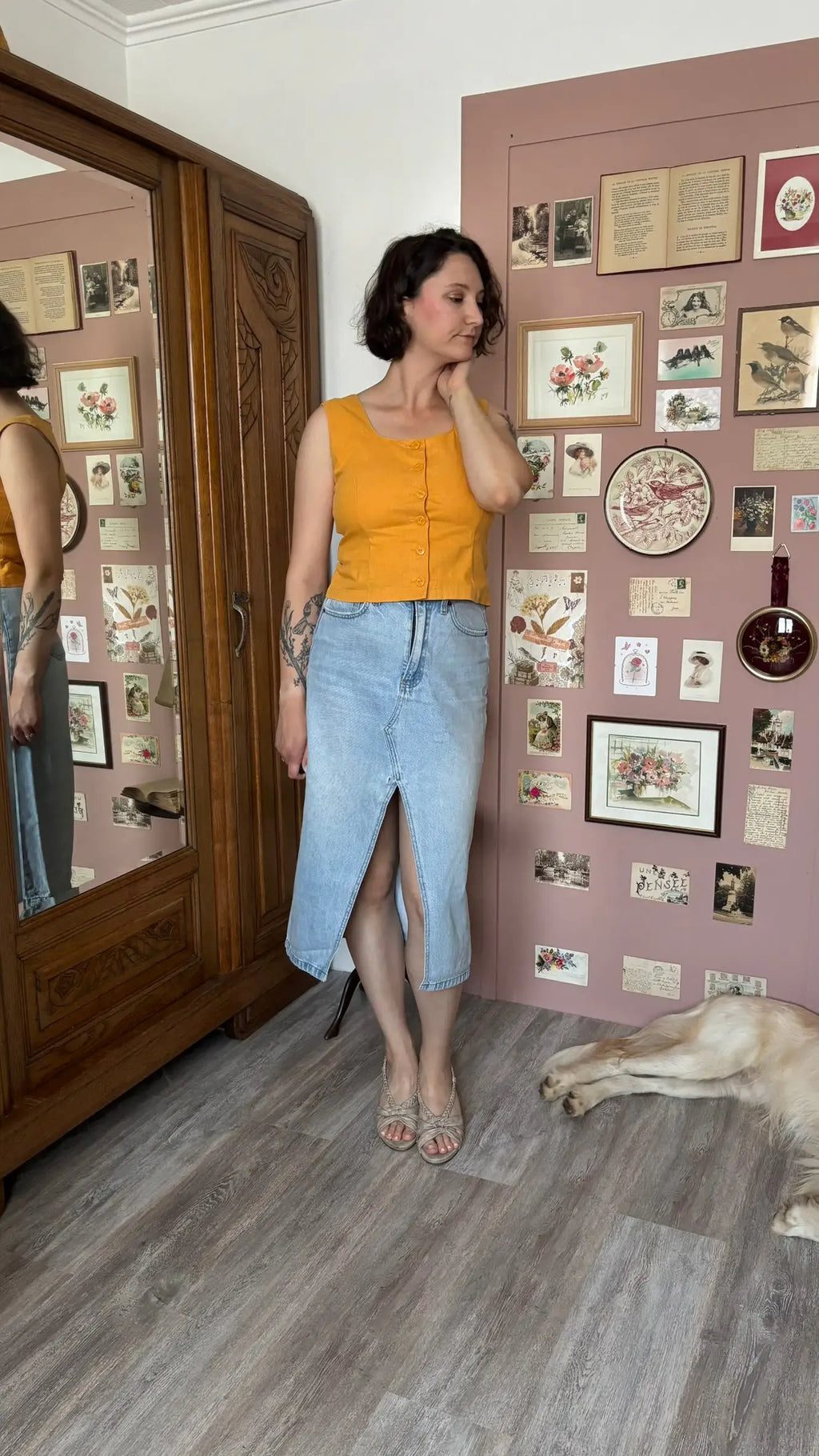 Top boutonné safran en lin et coton - T.36/38- Vintage années 90