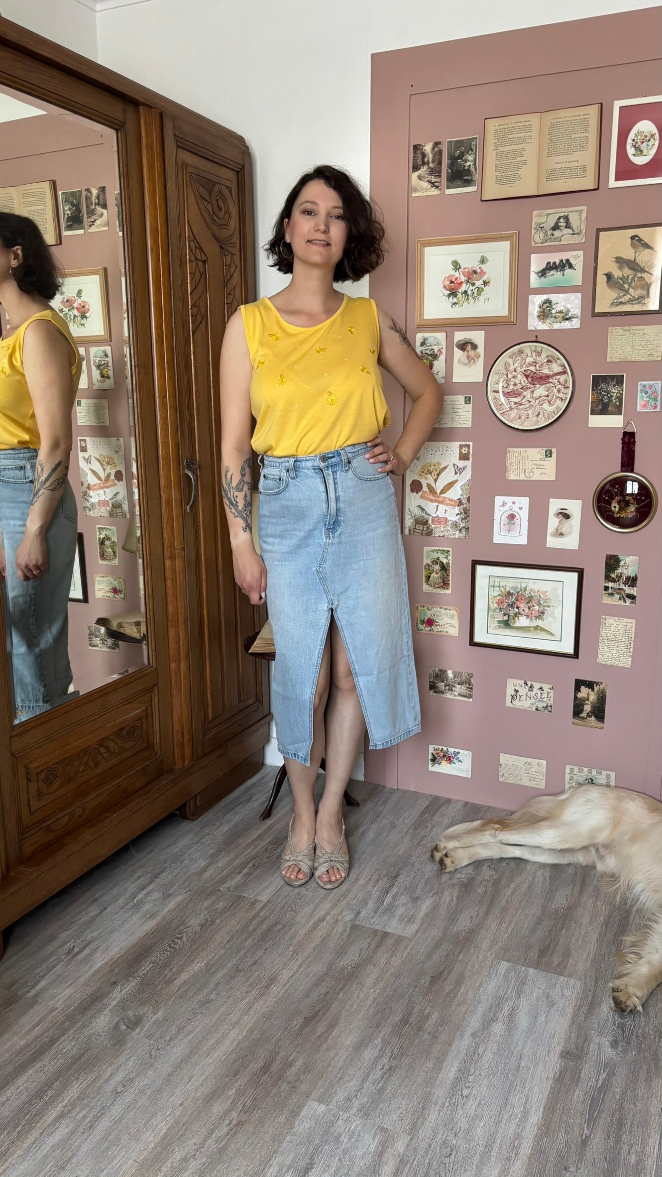 Débardeur jaune à fleurs brodées - Du 38 au 42 - Années 90