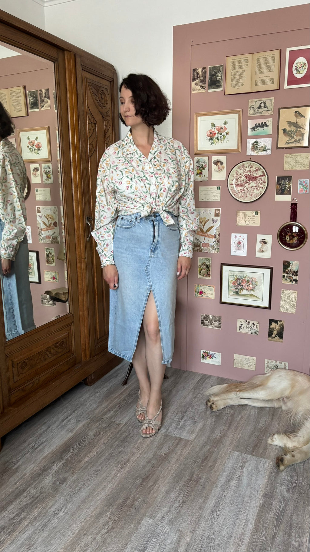 Chemise fleurie blanche tulipes – T.44/46 – Vintage années 90