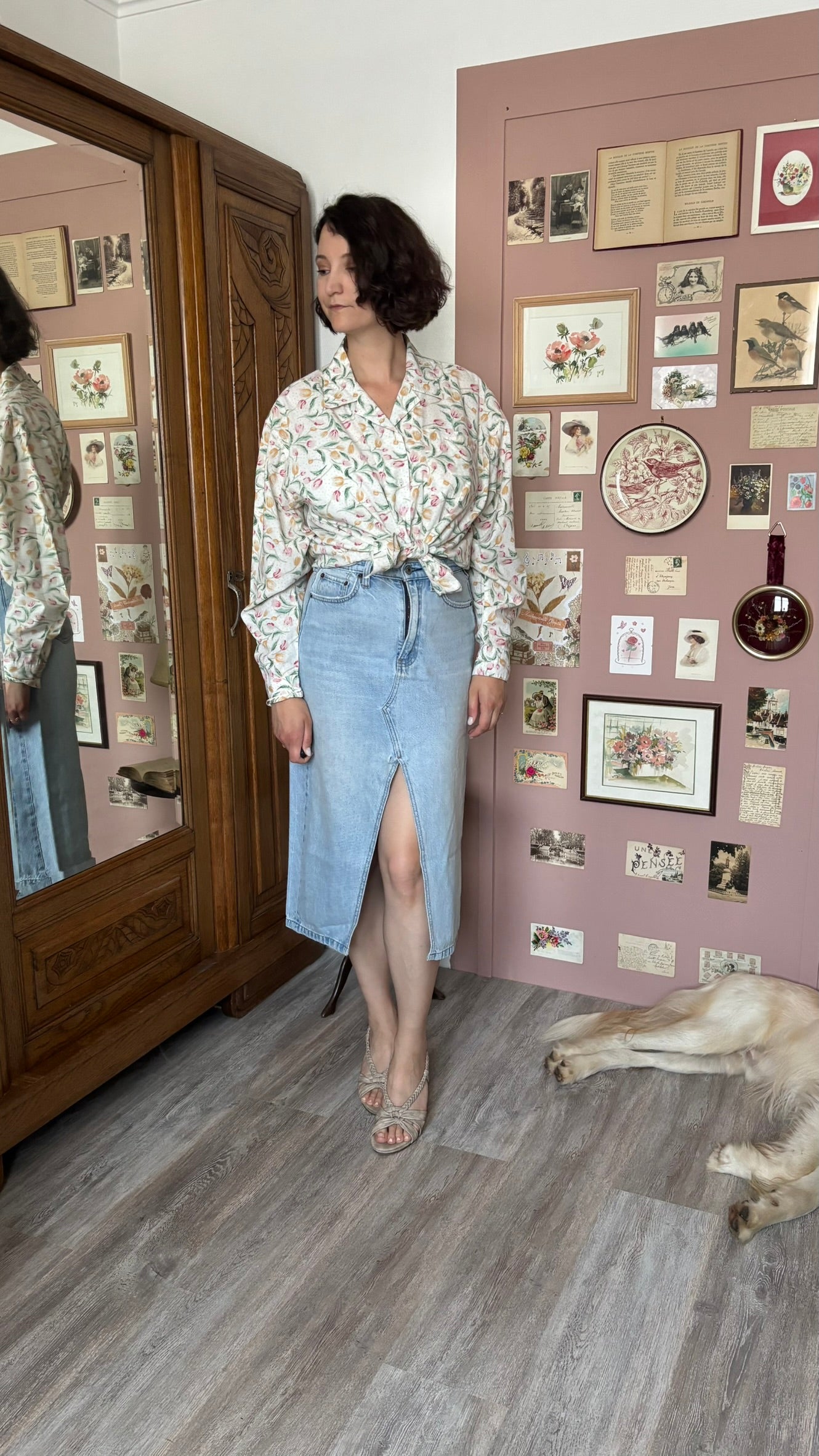 Chemise fleurie blanche tulipes – T.44/46 – Vintage années 90