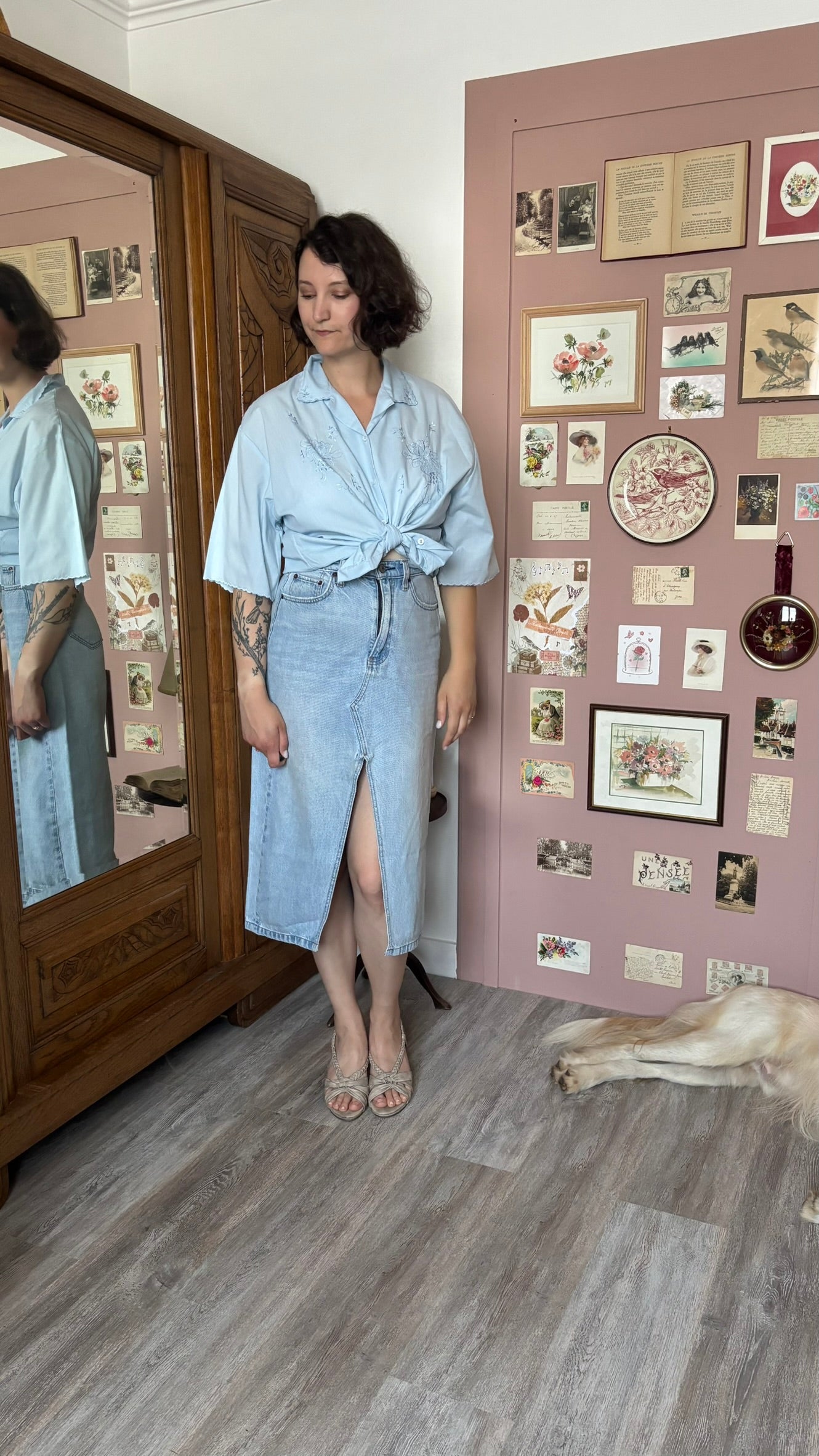 Chemisier bleu ciel brodé –  T.46/48 - Vintage années 90/2000