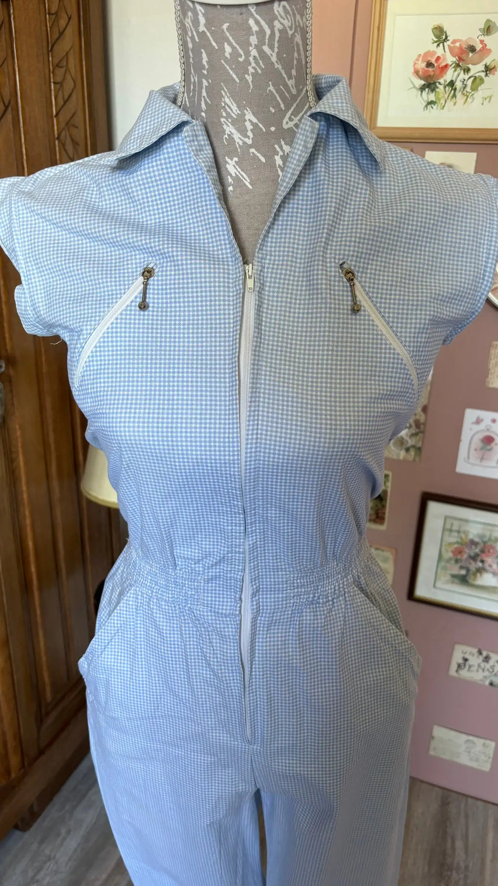 Combinaison vichy bleu ciel – T.34 - Vintage années 80