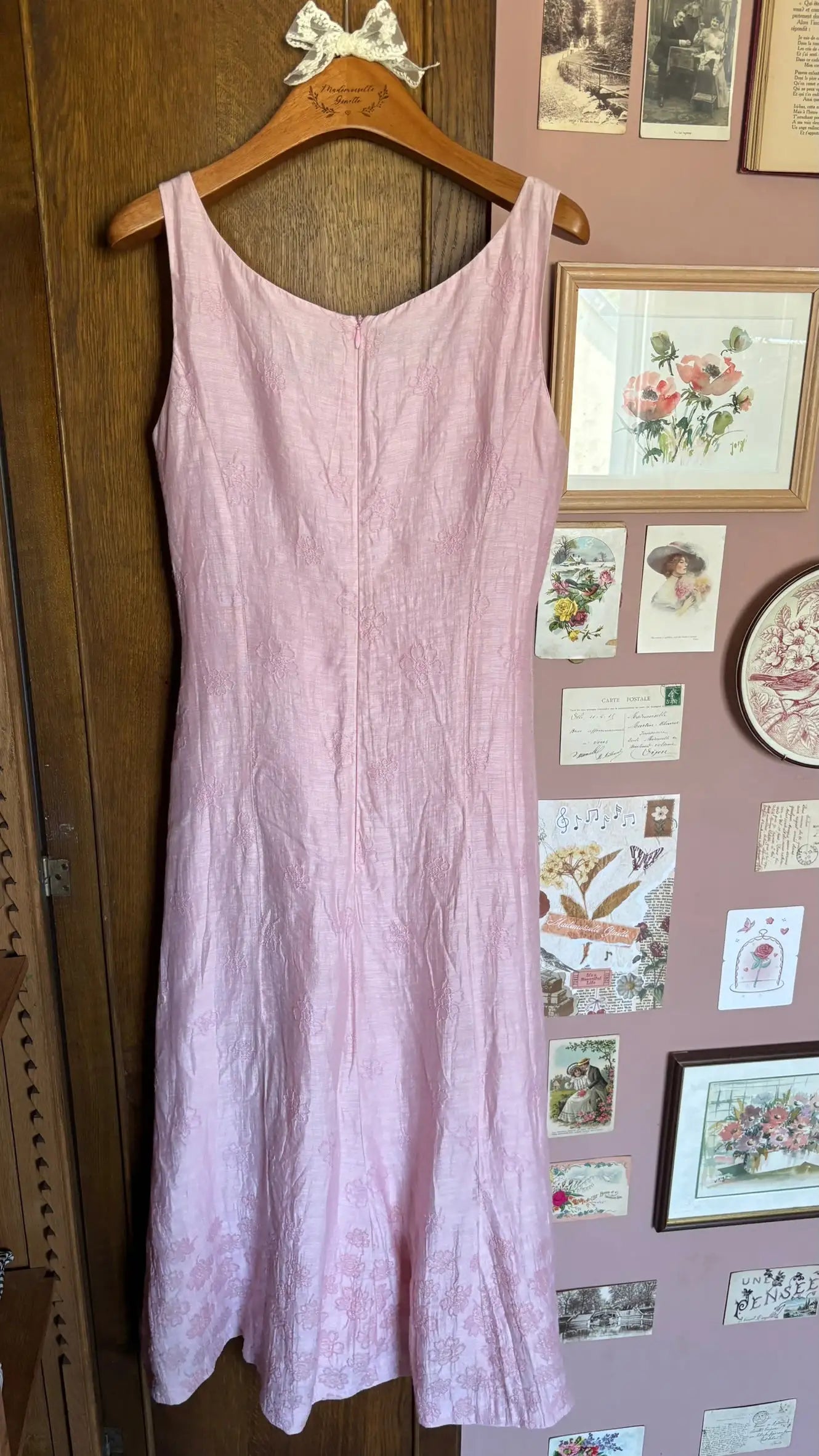 Robe longue rose poudré brodée – Antonelle –T.34/36-  Vintage années 90/2000
