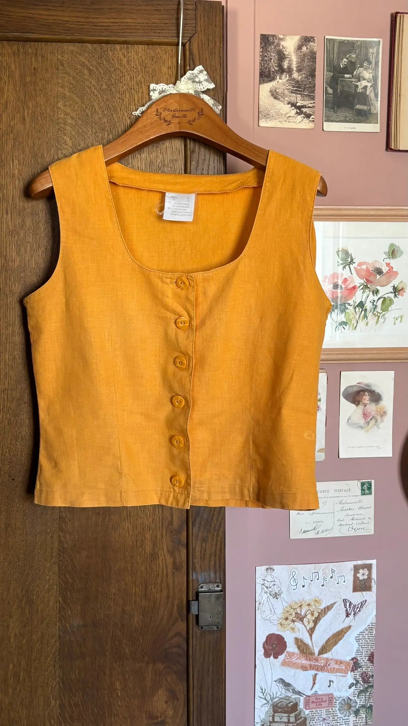 Top boutonné safran en lin et coton - T.36/38- Vintage années 90