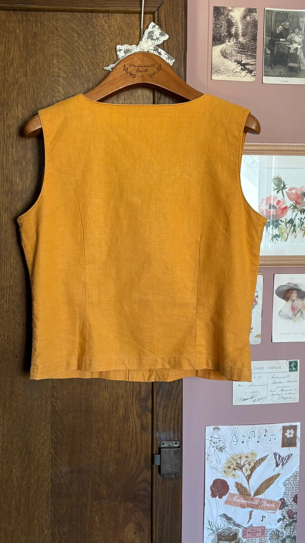 Top boutonné safran en lin et coton - T.36/38- Vintage années 90