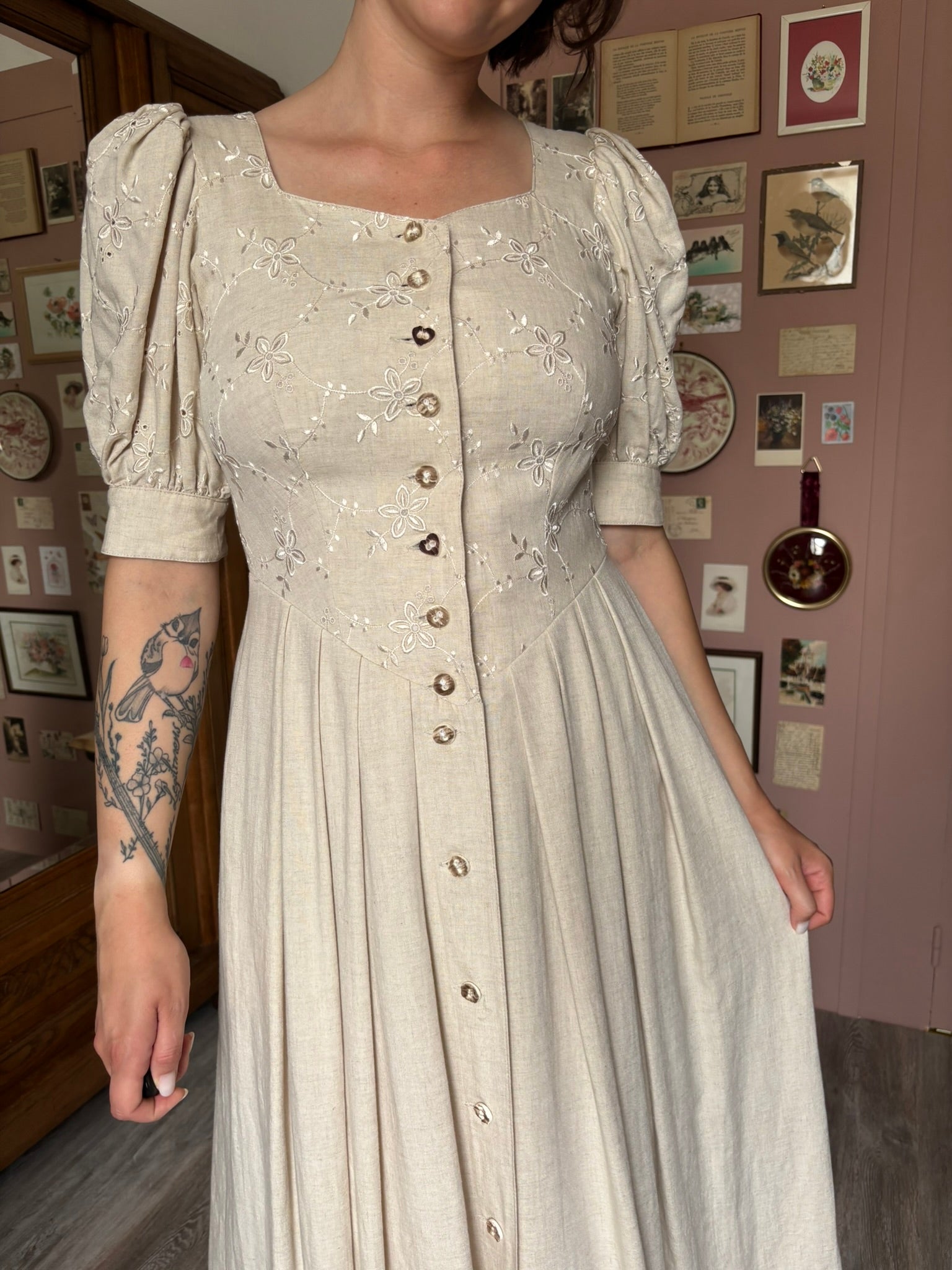 Robe cottagecore en lin – Style Laura Ashley – T.36/38 – Vintage années 90