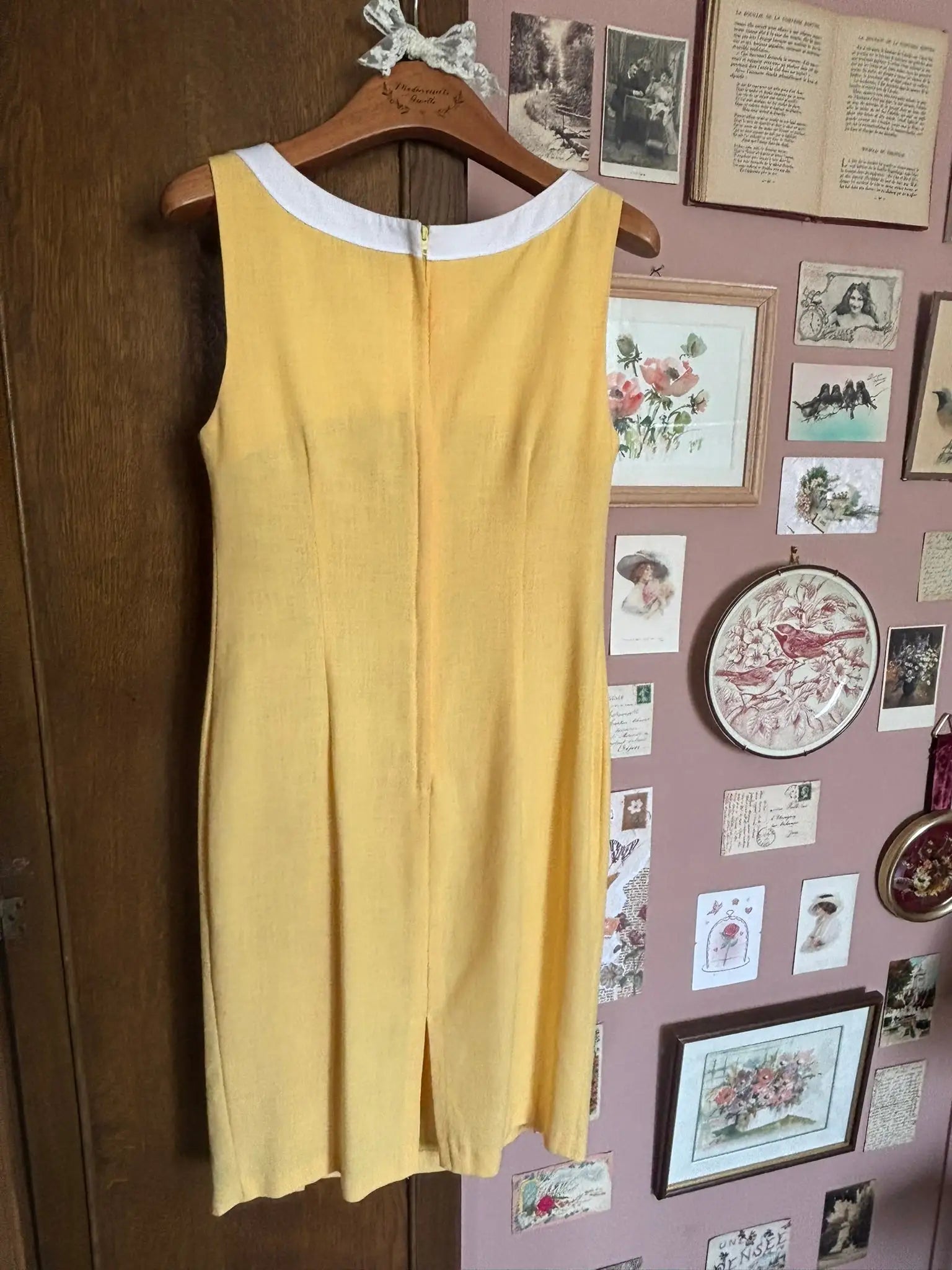 Robe droite jaune en lin – Katies – T.34 – Vintage années 80