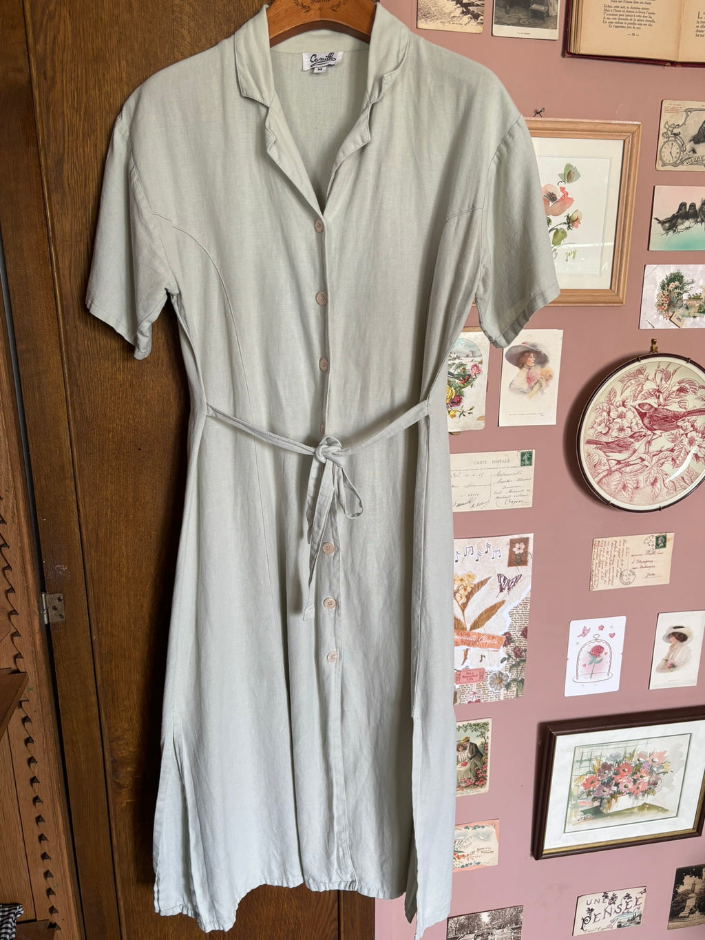 Robe vert sauge ceinturée – Camille –T.38/40 – Vintage années 90