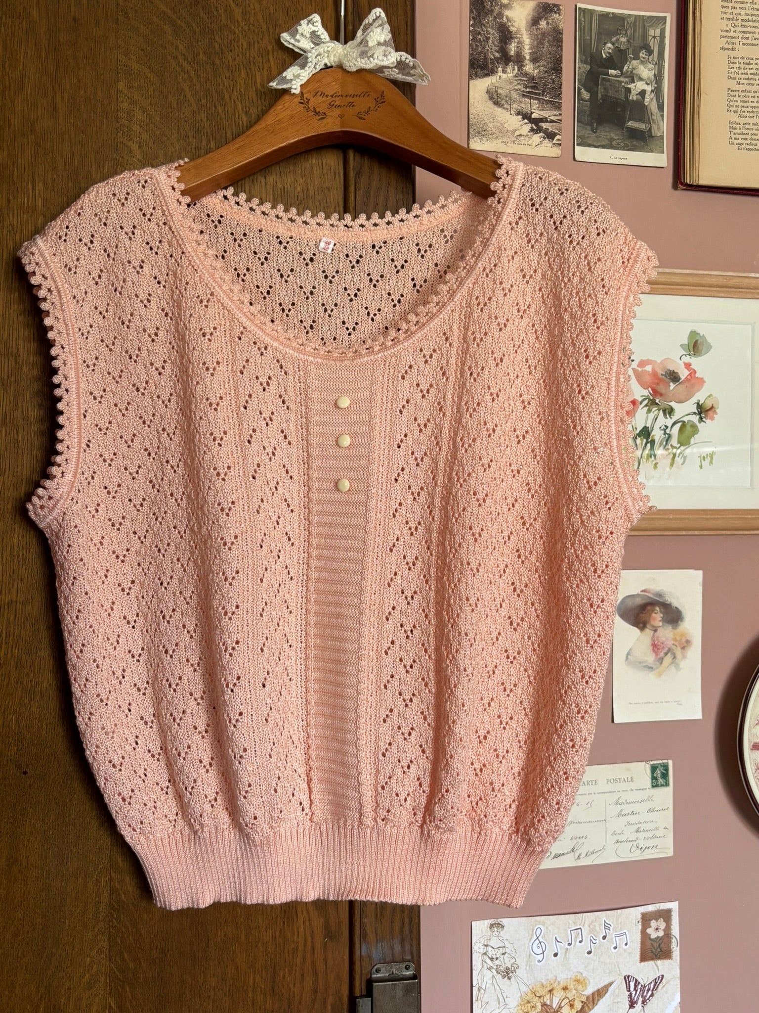 Top en maille ajourée pêche – Fabriqué en France – T. 38/40 – Vintage années 80/90