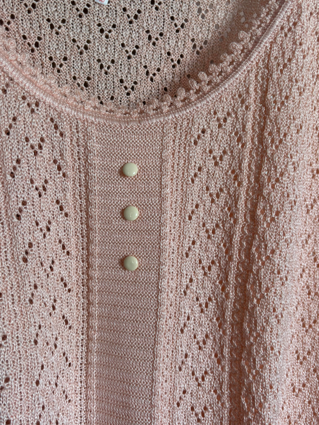 Top en maille ajourée pêche – Fabriqué en France – T. 38/40 – Vintage années 80/90