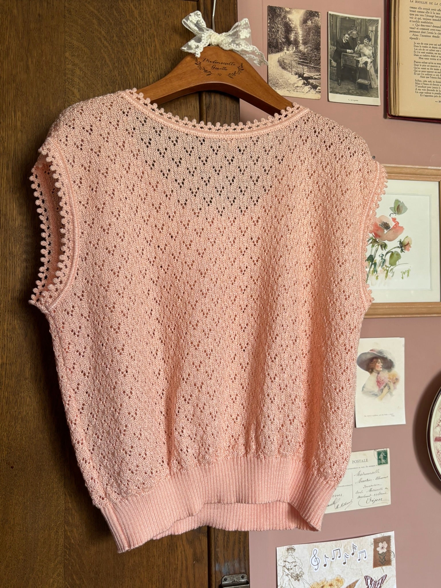 Top en maille ajourée pêche – Fabriqué en France – T. 38/40 – Vintage années 80/90