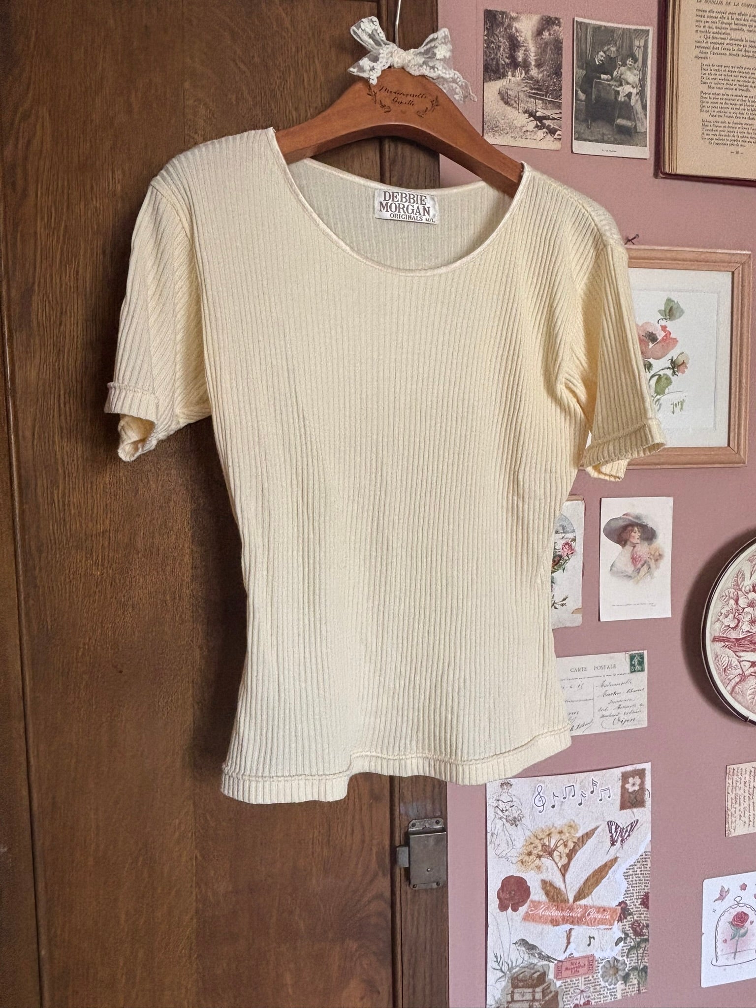T-shirt côtelé jaune pastel – Debbie Morgan – T.36 – Vintage années 2000