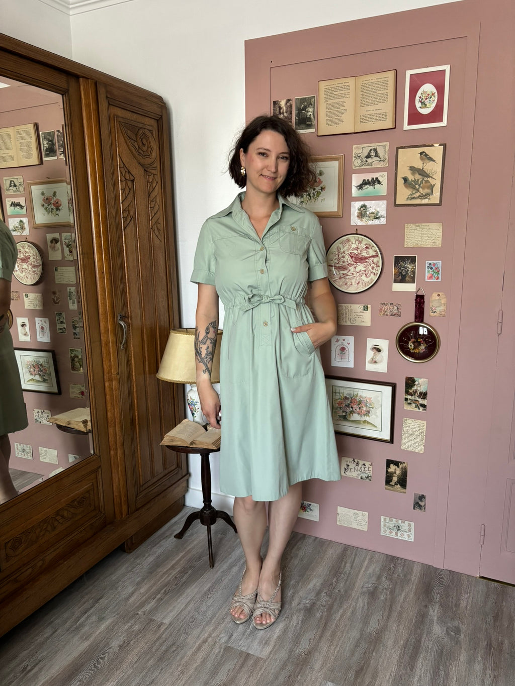 Robe safari vert sauge – T.38/40 – Vintage années 80/90