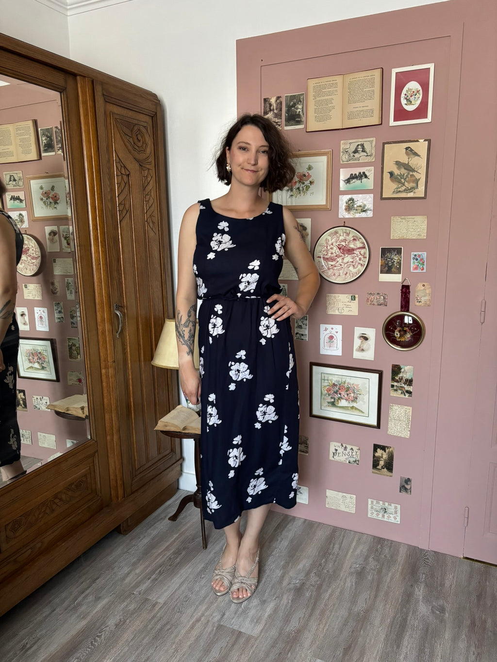 Robe longue fleurie bleu marine – T.38 – Vintage années 90/2000