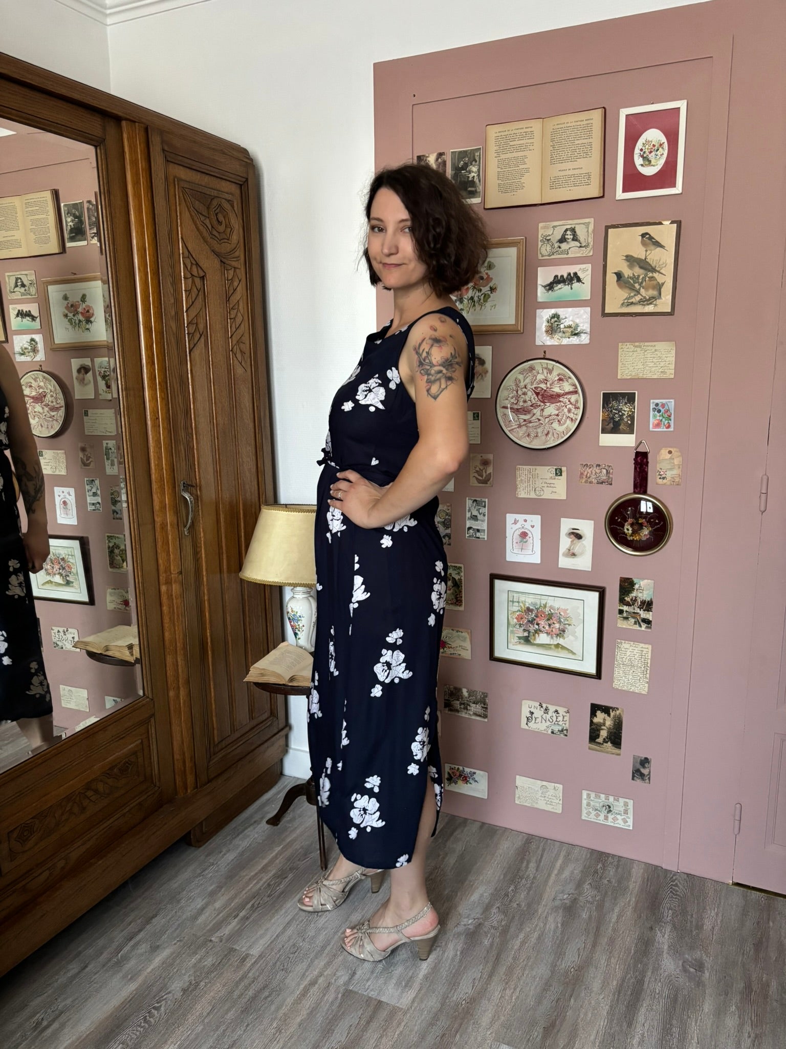 Robe longue fleurie bleu marine – T.38 – Vintage années 90/2000