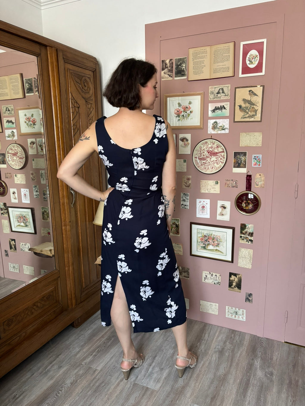 Robe longue fleurie bleu marine – T.38 – Vintage années 90/2000