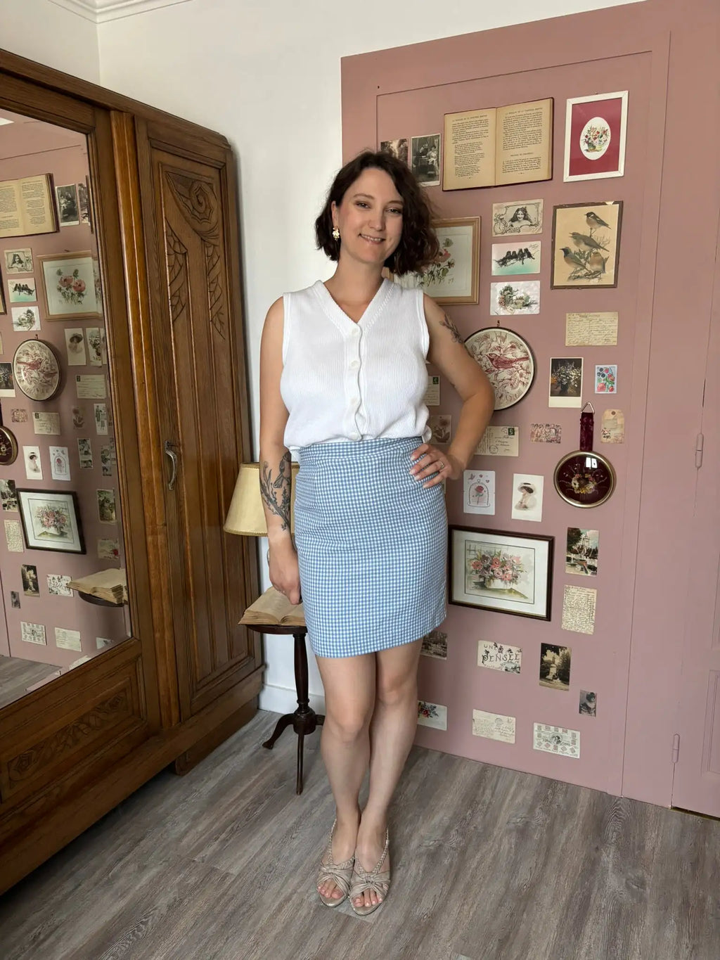 Jupe courte trapèze vichy bleu – T.36 – Vintage années 90