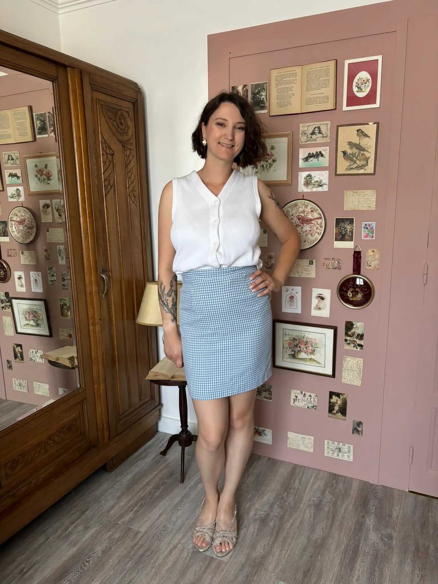Jupe courte trapèze vichy bleu – T.36 – Vintage années 90