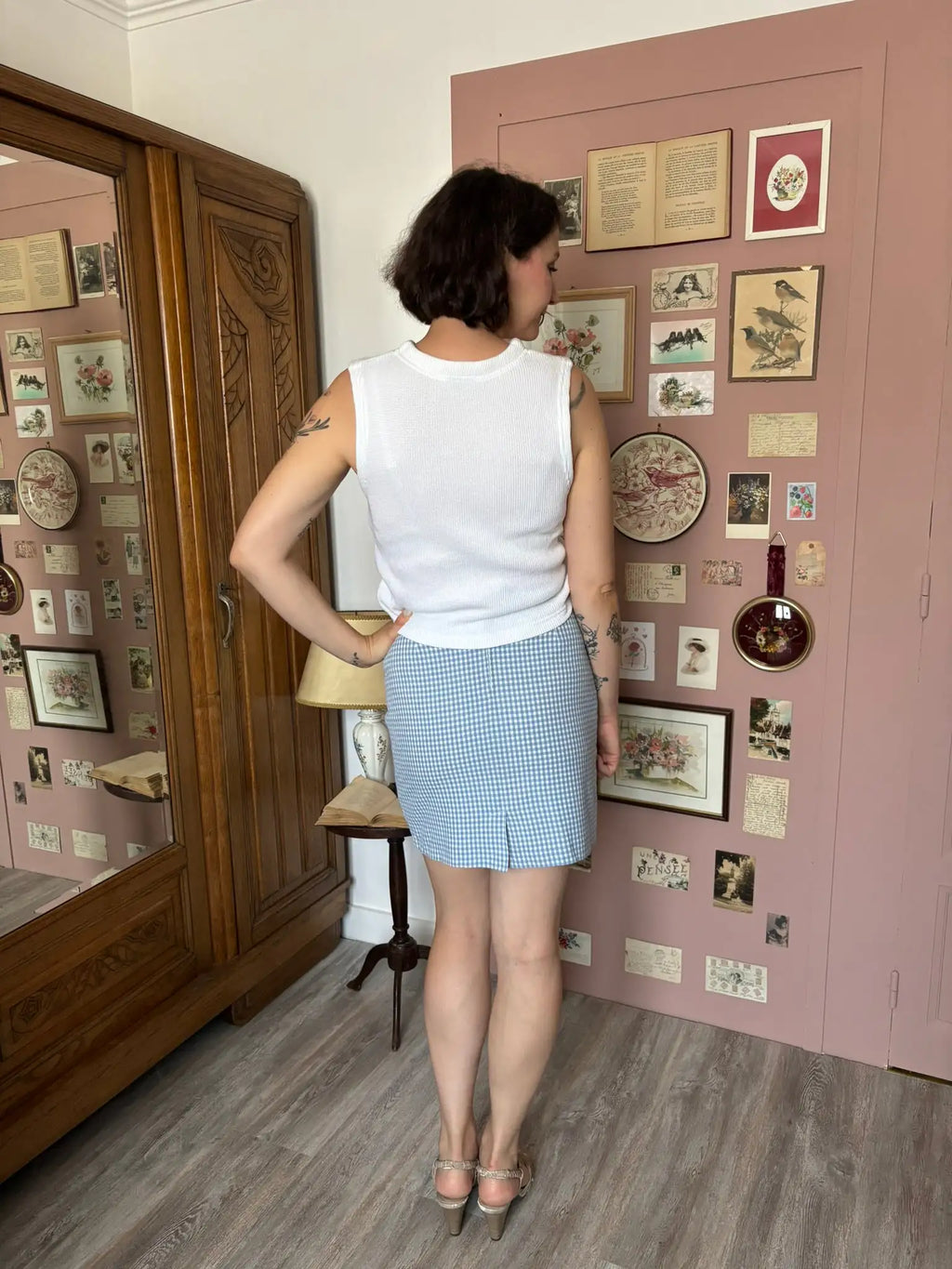 Jupe courte trapèze vichy bleu – T.36 – Vintage années 90