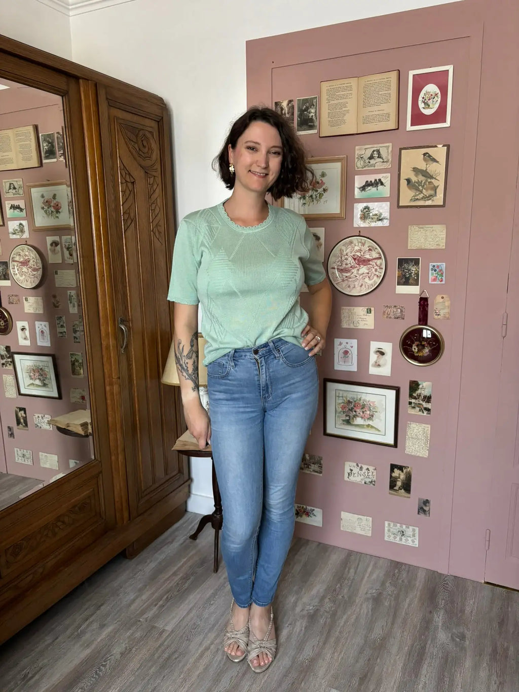 T-shirt en maille vert pastel – T.38 – Vintage années 90