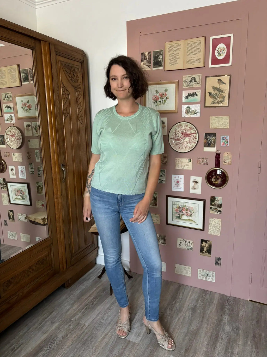 T-shirt en maille vert pastel – T.38 – Vintage années 90