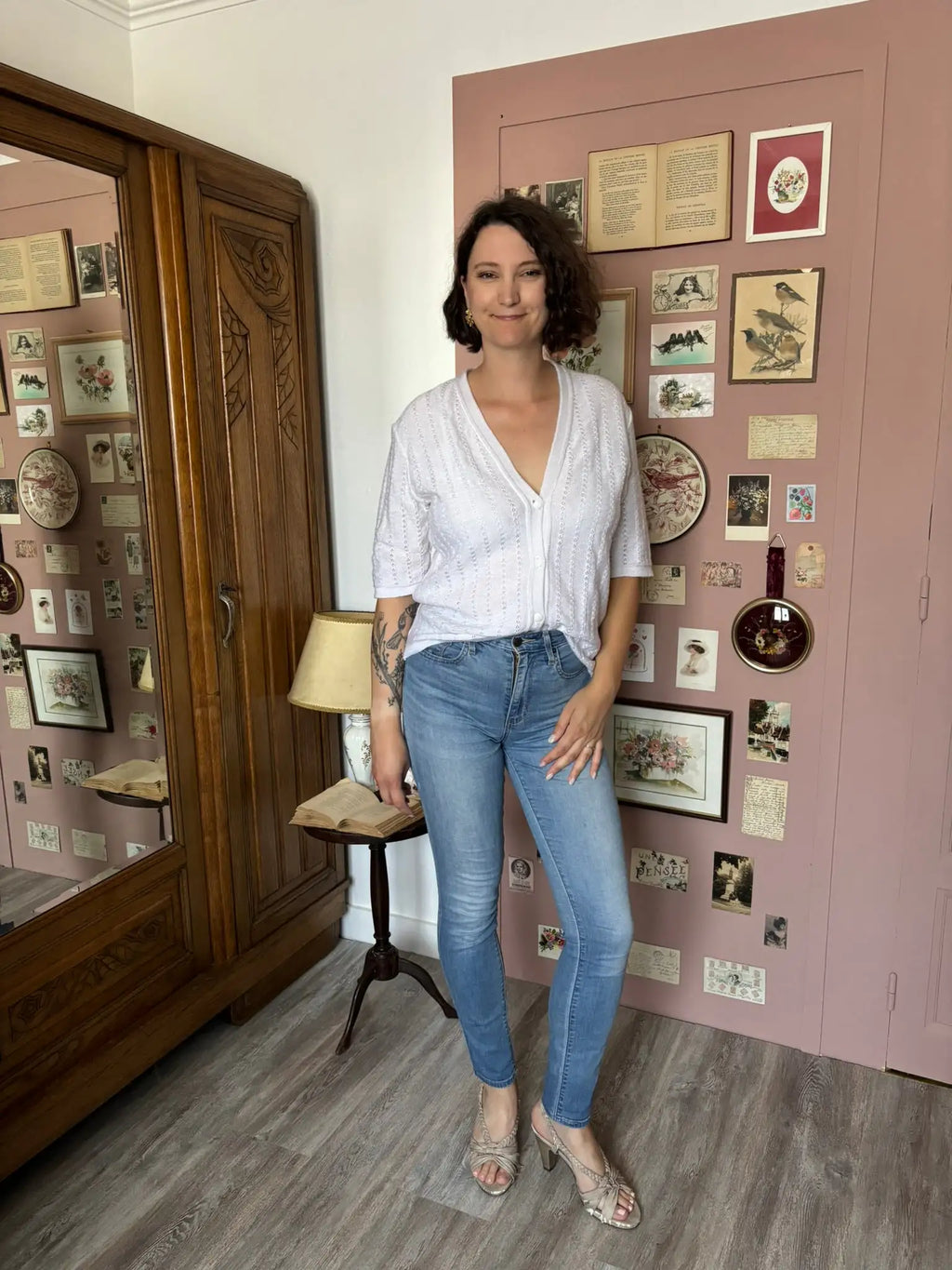 Cardigan blanc en maille ajourée – T. 40/42 – Vintage années 80/90
