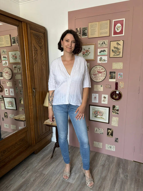 Cardigan blanc en maille ajourée – T. 40/42 – Vintage années 80/90