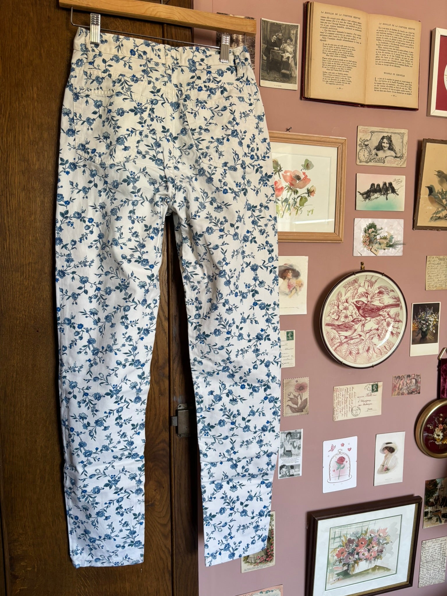 Jean fleuri bleu et crème – T. 34 – Vintage années 90/2000