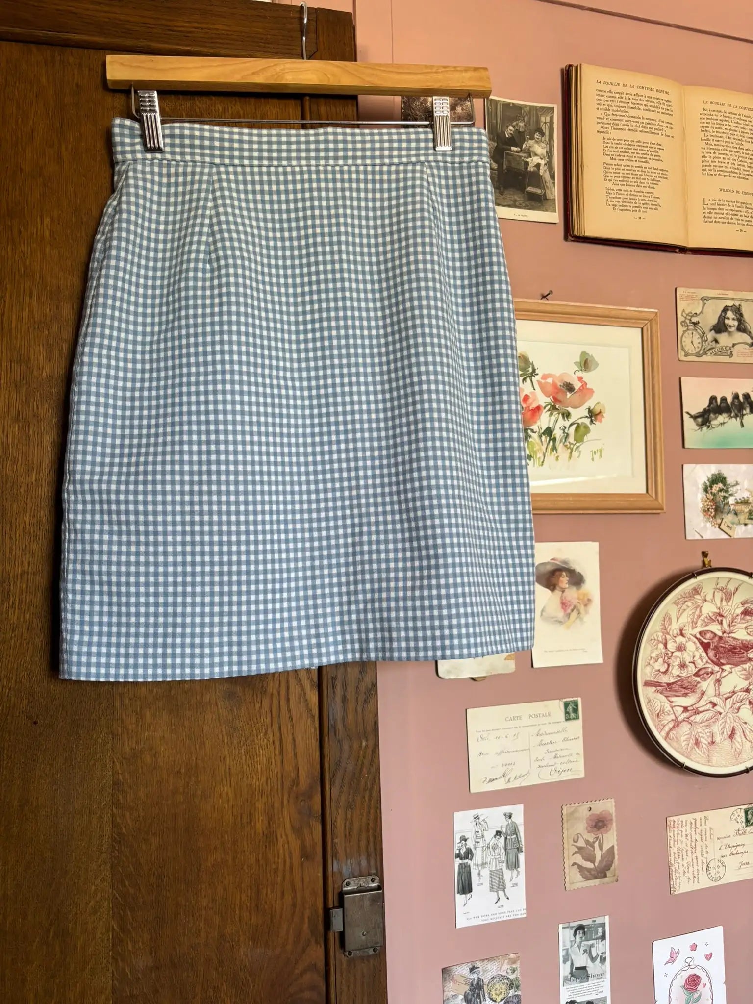Jupe courte trapèze vichy bleu – T.36 – Vintage années 90