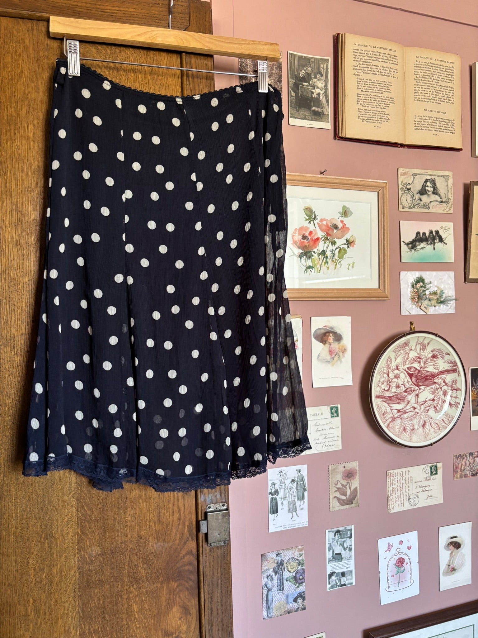 Jupe fluide à pois bleu marine – T.38/40 – Vintage années 2000