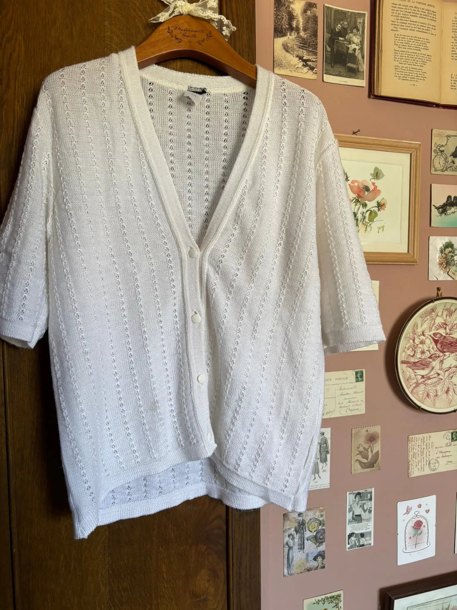 Cardigan blanc en maille ajourée – T. 40/42 – Vintage années 80/90
