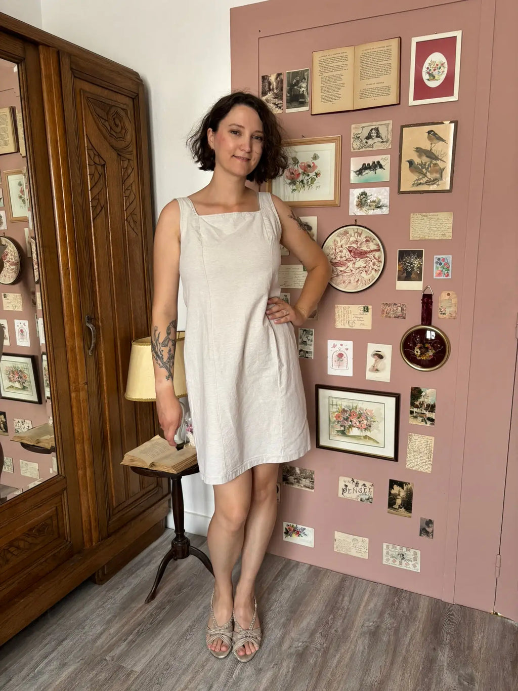 Robe droite beige coton & lin – Lucchini – T. 38 – Vintage années 90/2000