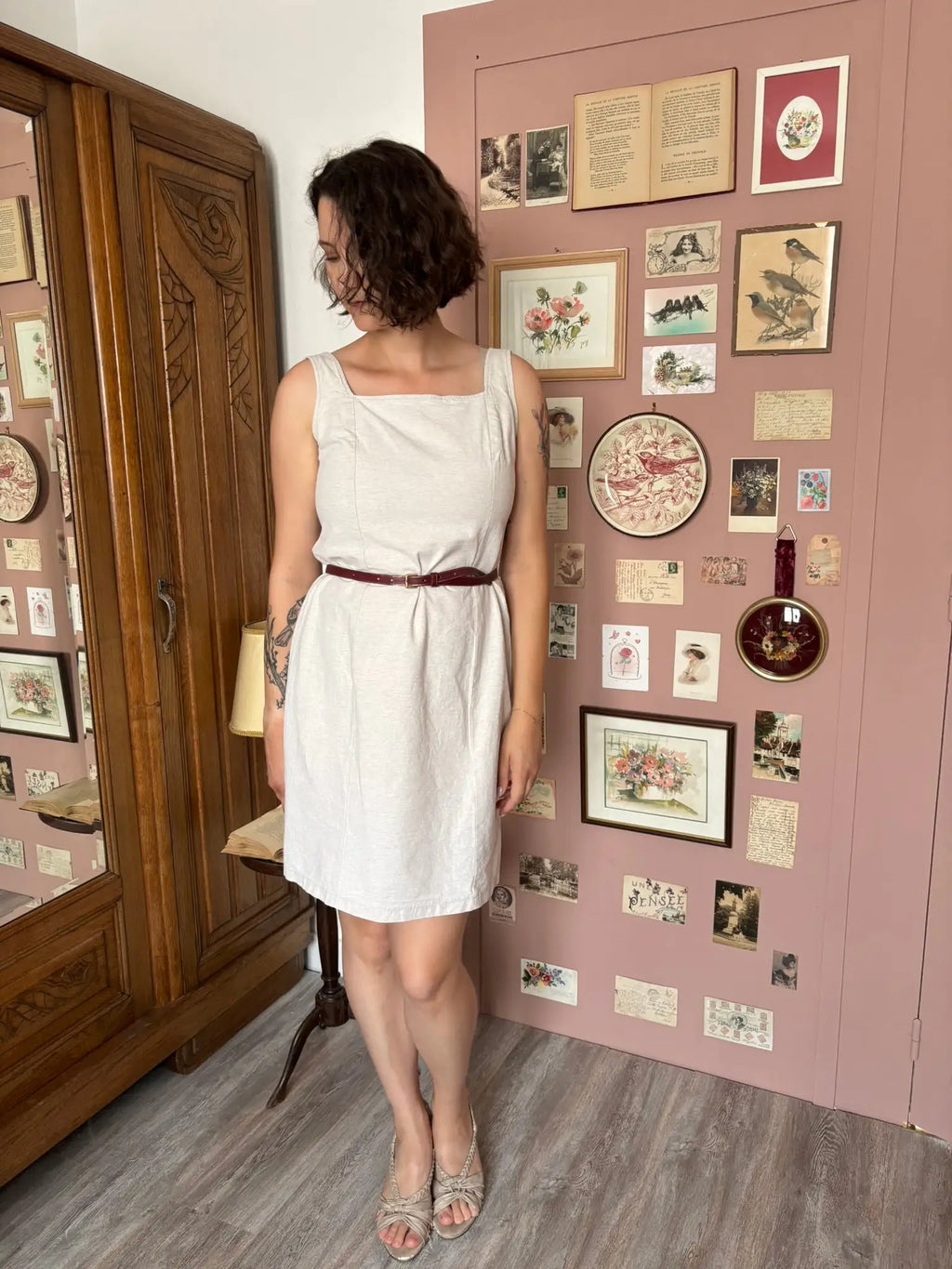 Robe droite beige coton & lin – Lucchini – T. 38 – Vintage années 90/2000