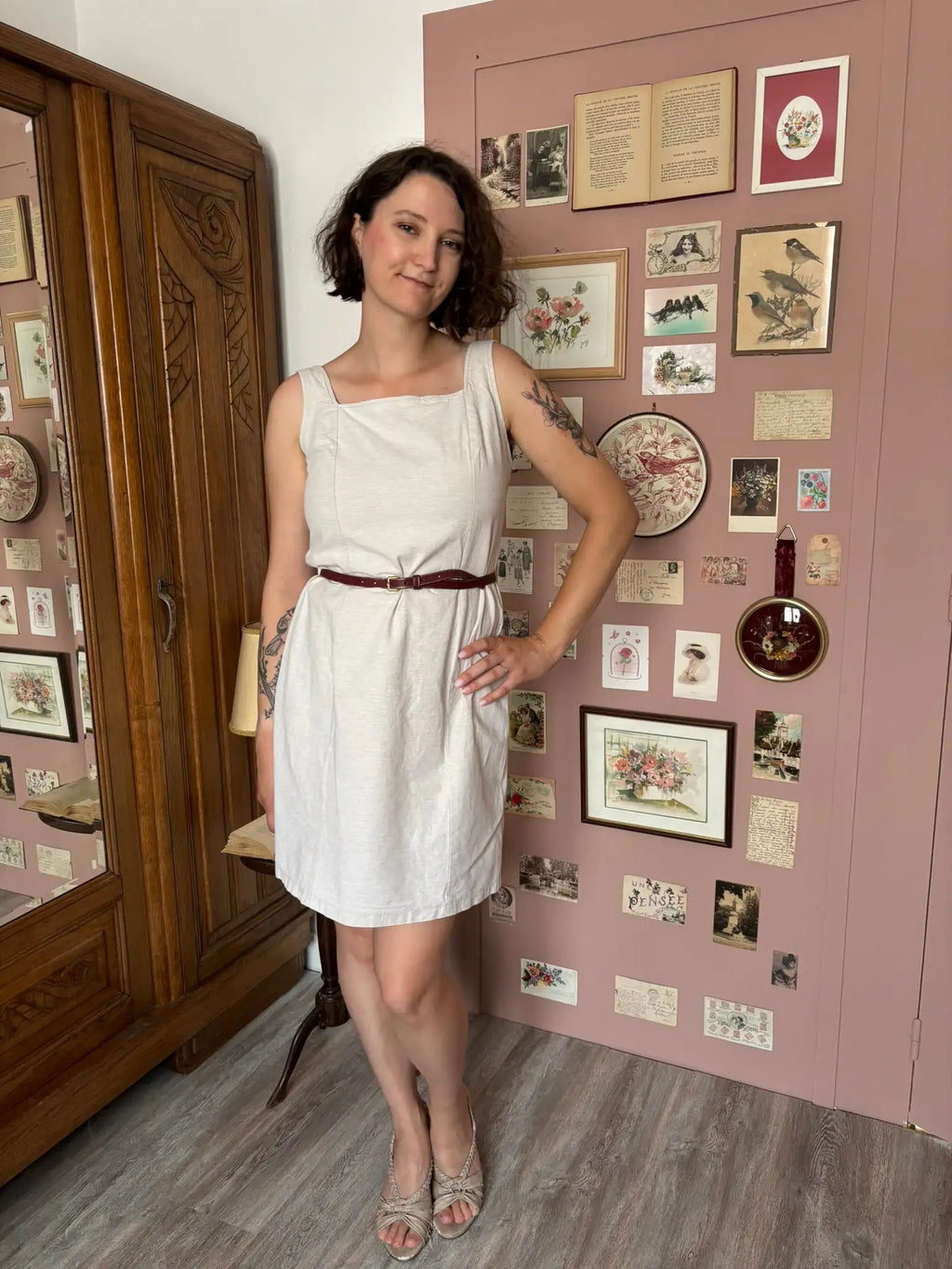 Robe droite beige coton & lin – Lucchini – T. 38 – Vintage années 90/2000