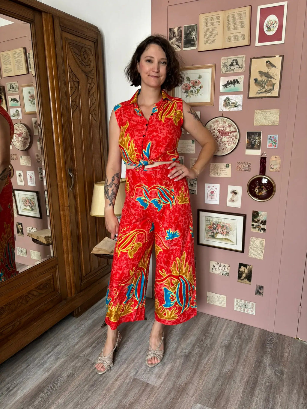 Ensemble vintage tropical rouge – T. jusqu'au 38 – Années 90/2000