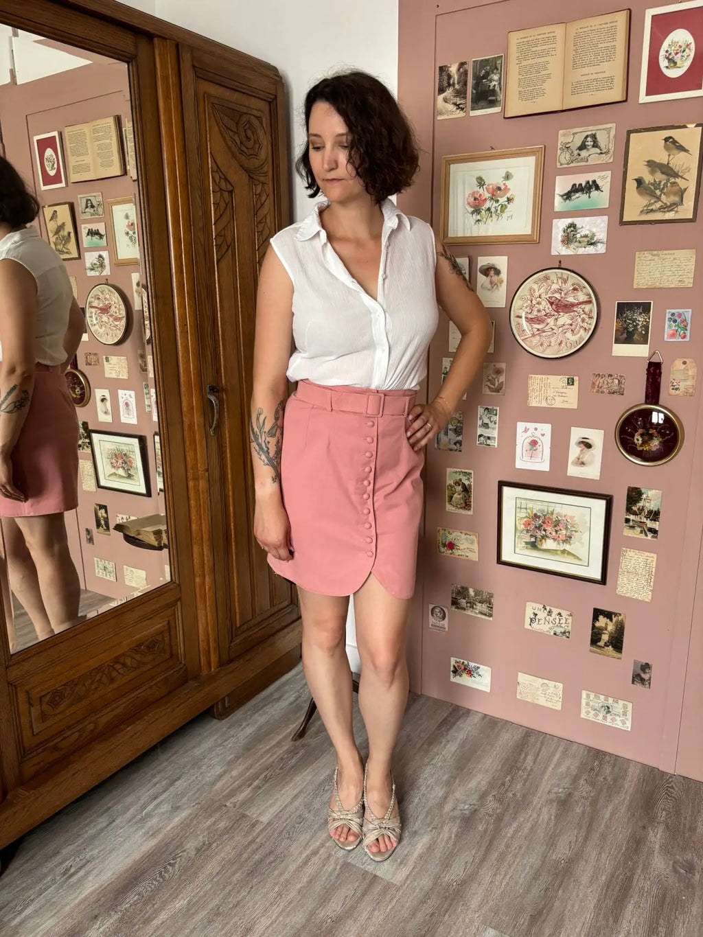 Jupe taille haute vieux rose à ceinture – T.36/Petit 38 – Vintage années 90