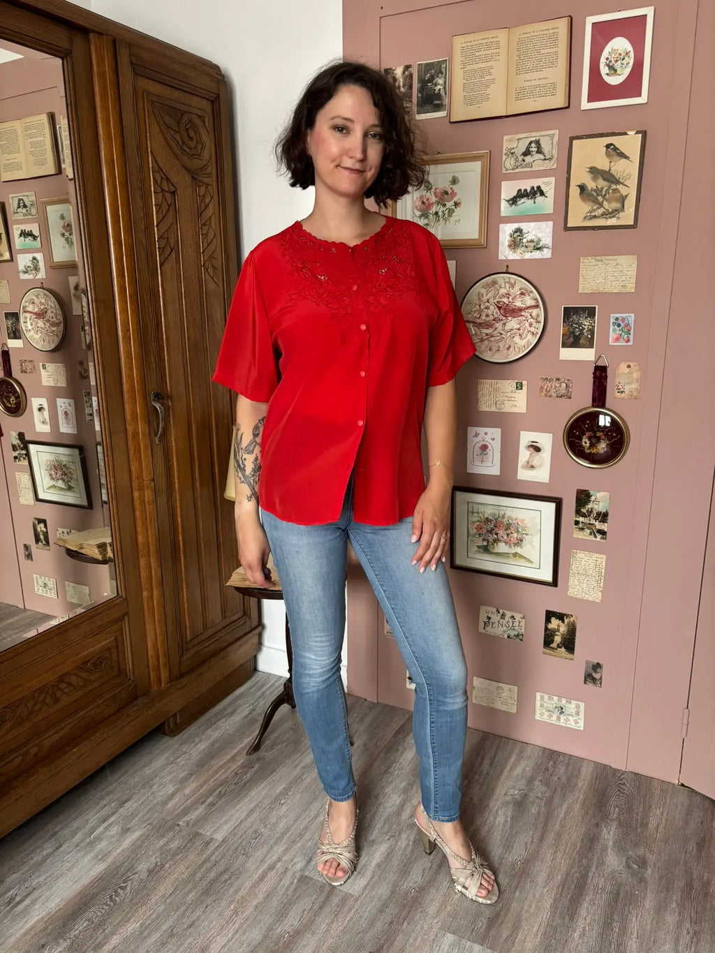 Blouse rouge détail dentelle – T. 42/44 – Vintage années 80/90