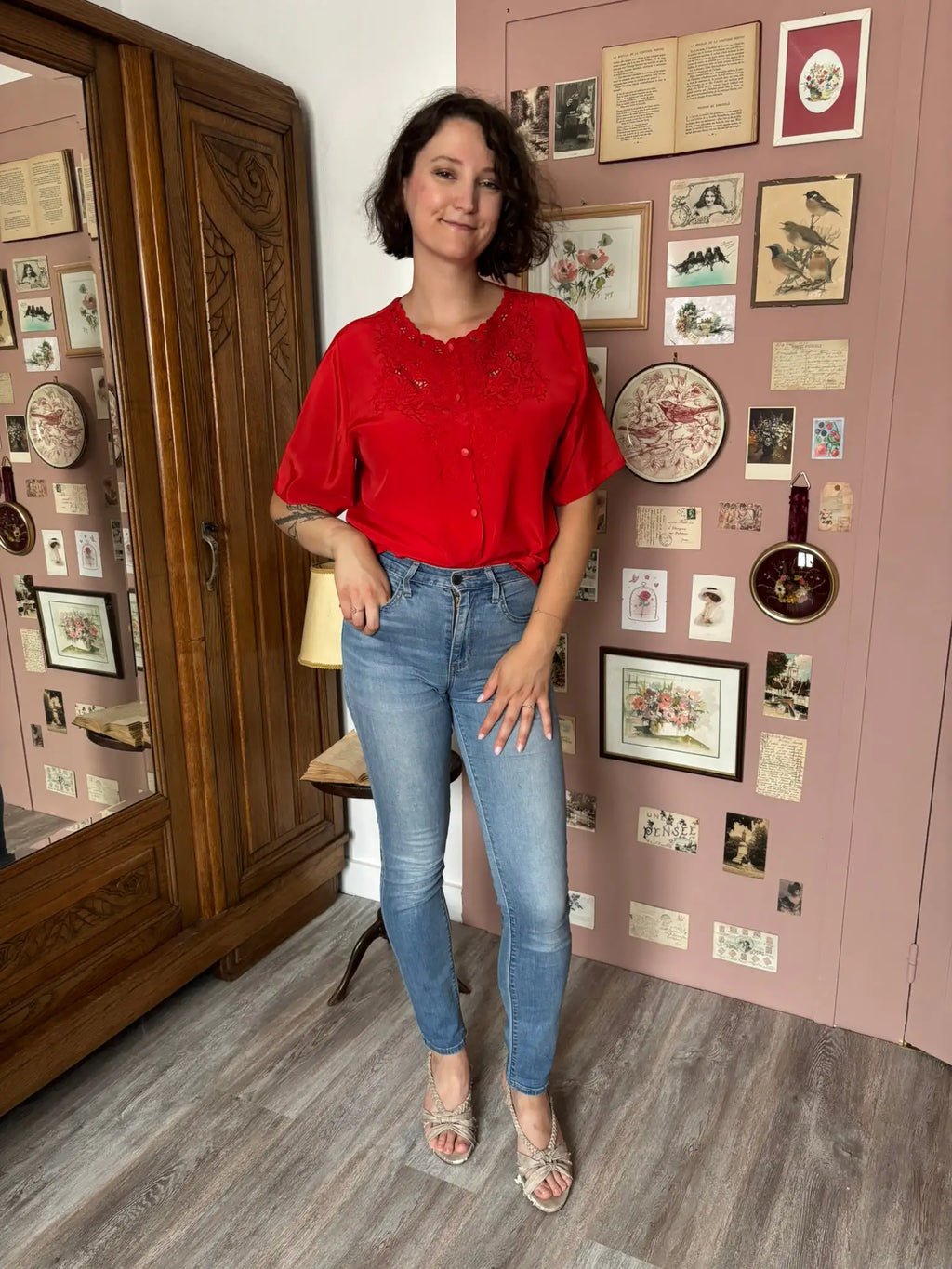 Blouse rouge détail dentelle – T. 42/44 – Vintage années 80/90